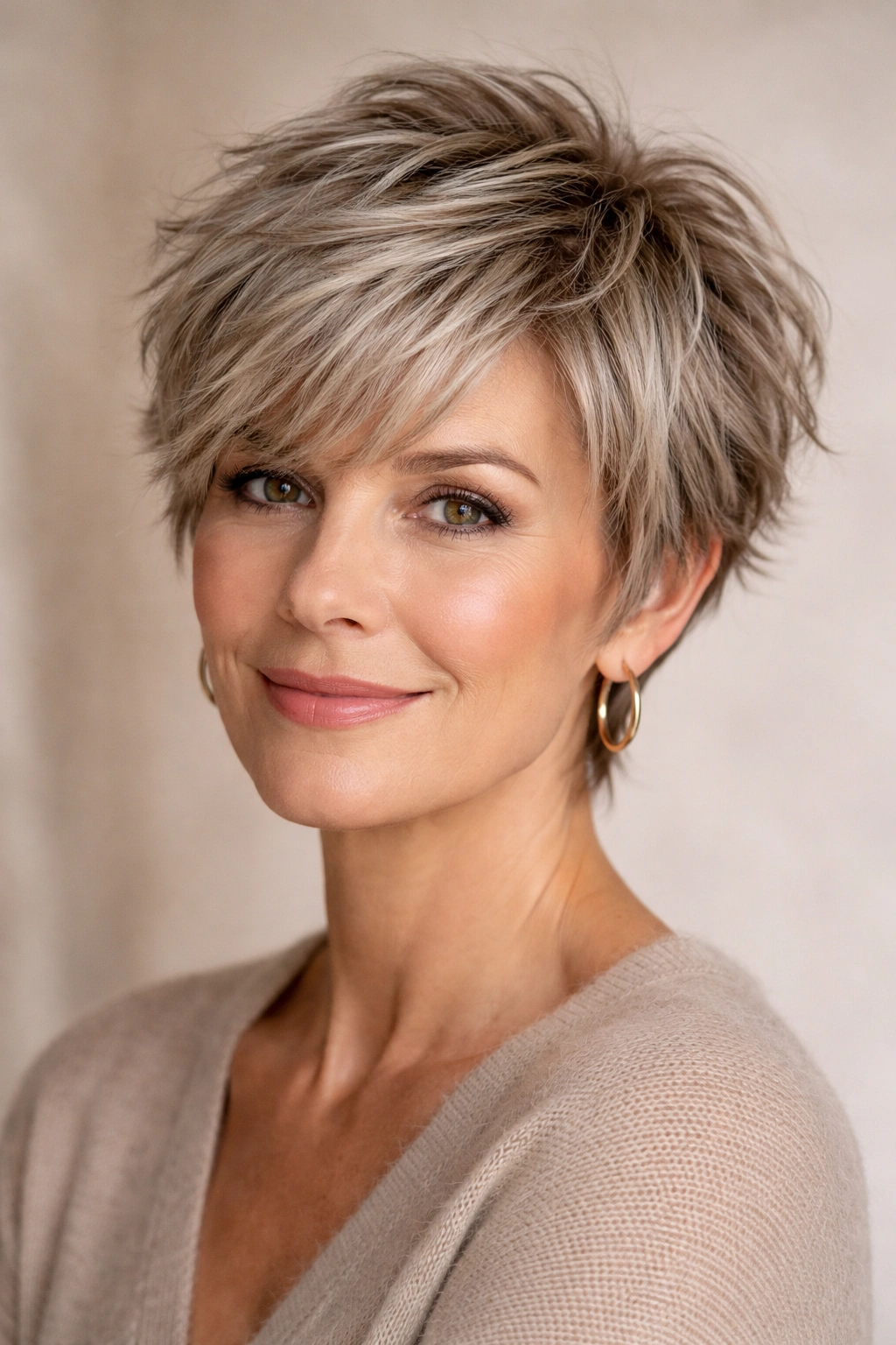 Close-up of Textured Pixie with Soft Layers showing soft choppy layers and side-swept bangs in a studio