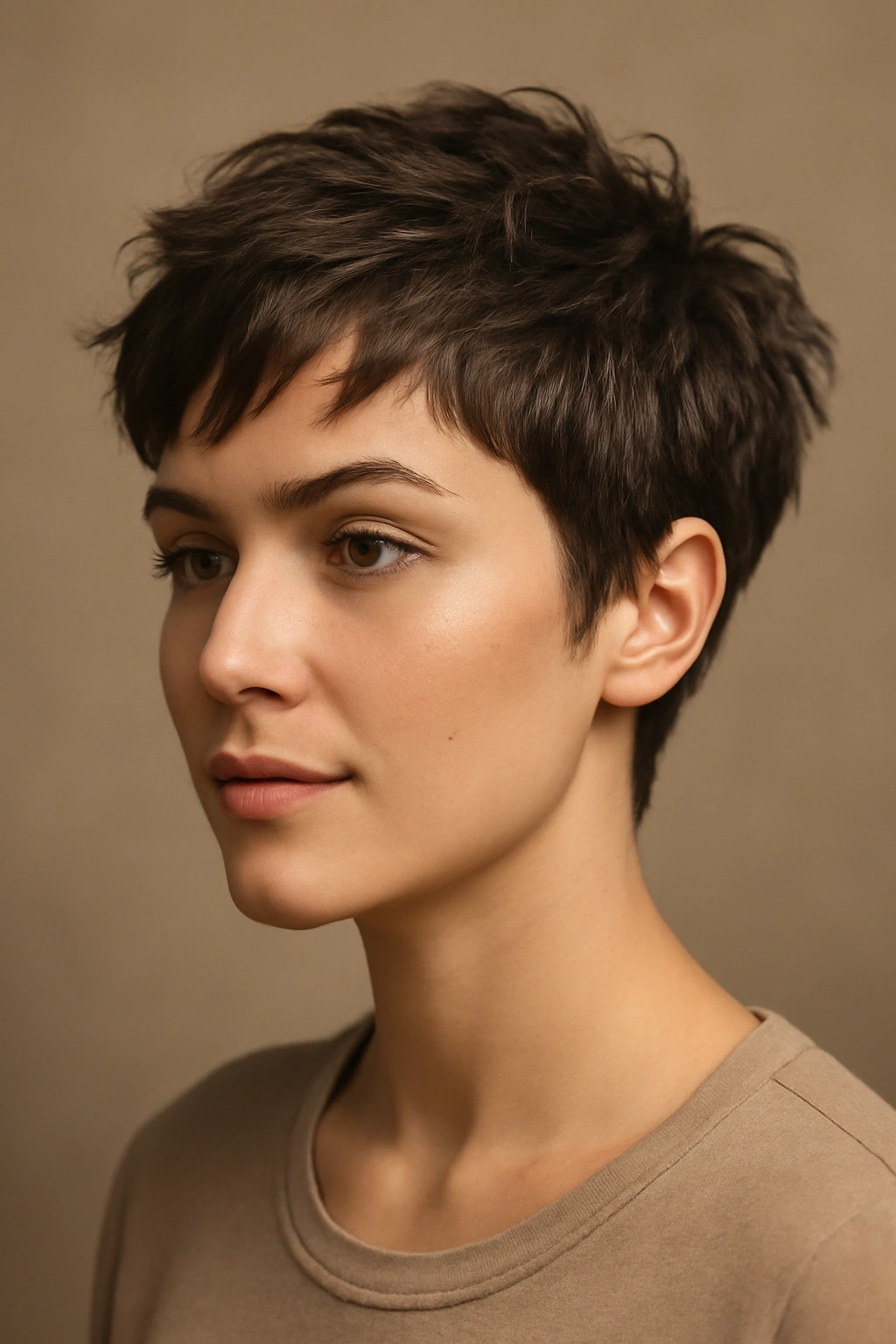 Close-up of a woman with a textured pixie showing choppy layers and movement.