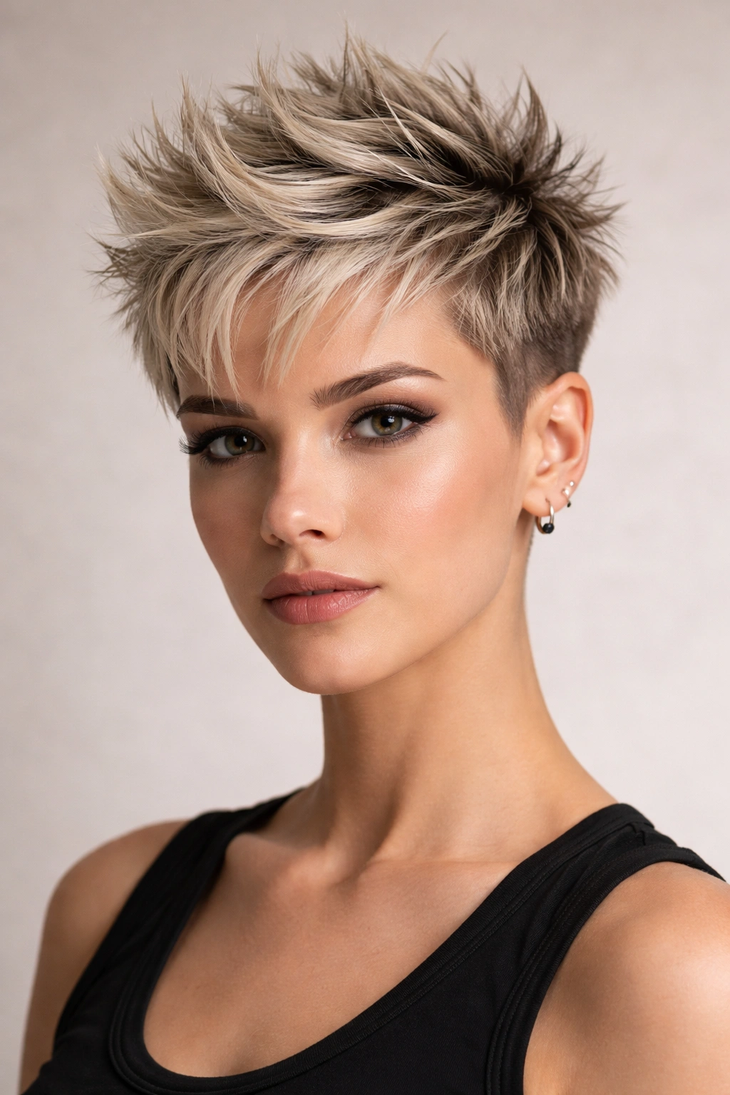 Close-up of a textured pixie haircut with height and tapered sides.