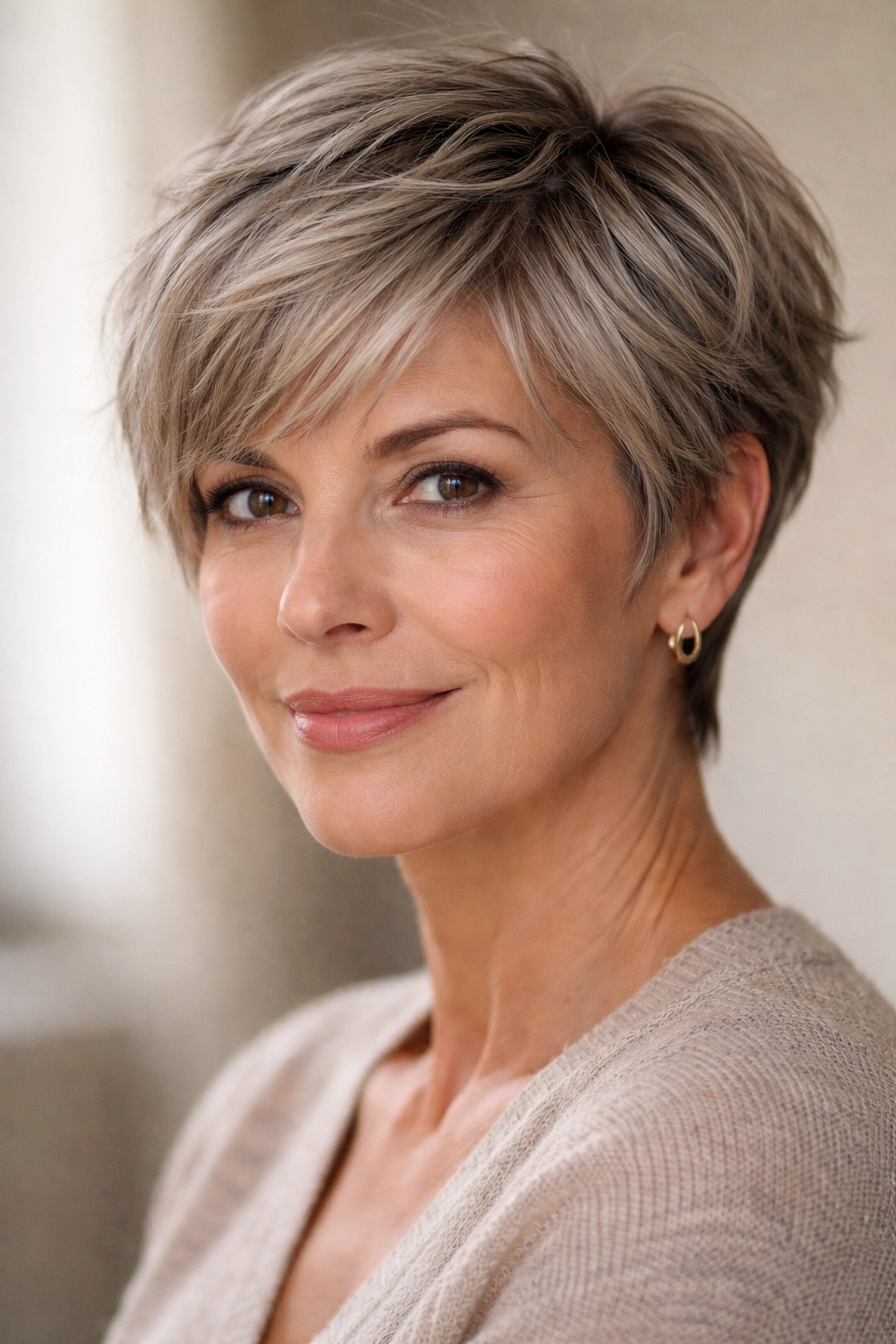 12 Chin Length Hairstyles For Women Over 50 1 Close-up portrait of a textured pixie hairstyle with longer sides and cropped back.