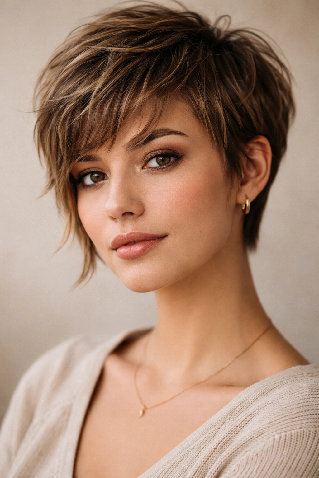 15 Slimming Short Hairstyles For Round Faces 1 Close-up portrait of a person with a textured pixie haircut featuring longer sides and face-framing layers