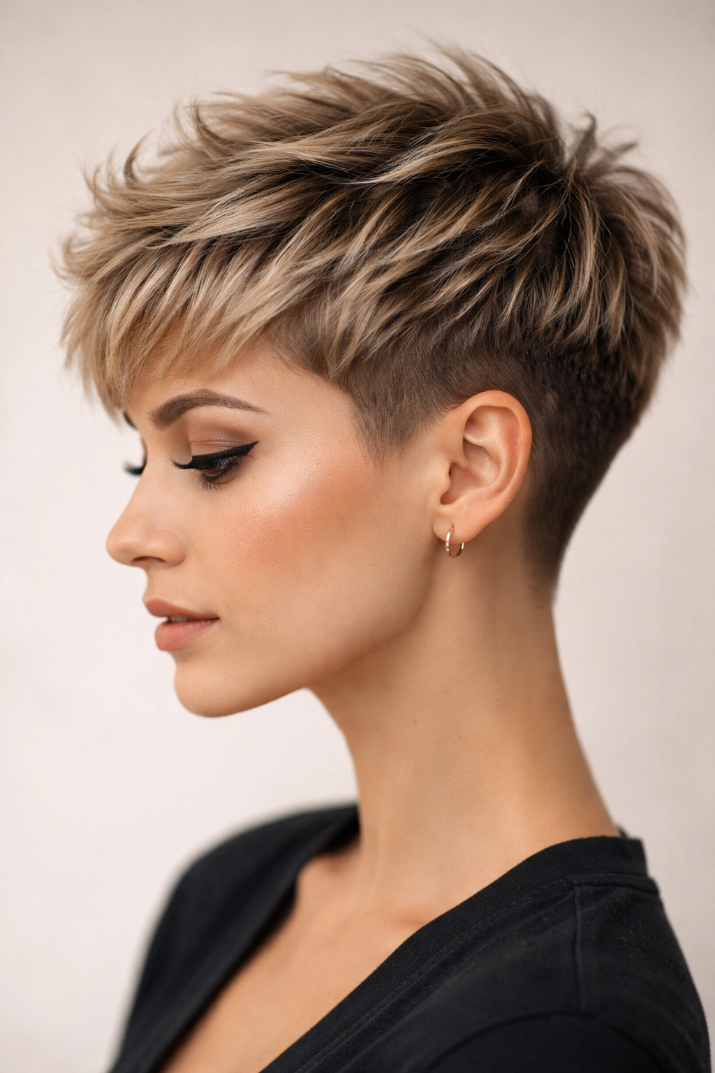 Close-up profile of a textured pixie with tapered sides showing choppy layers and volume