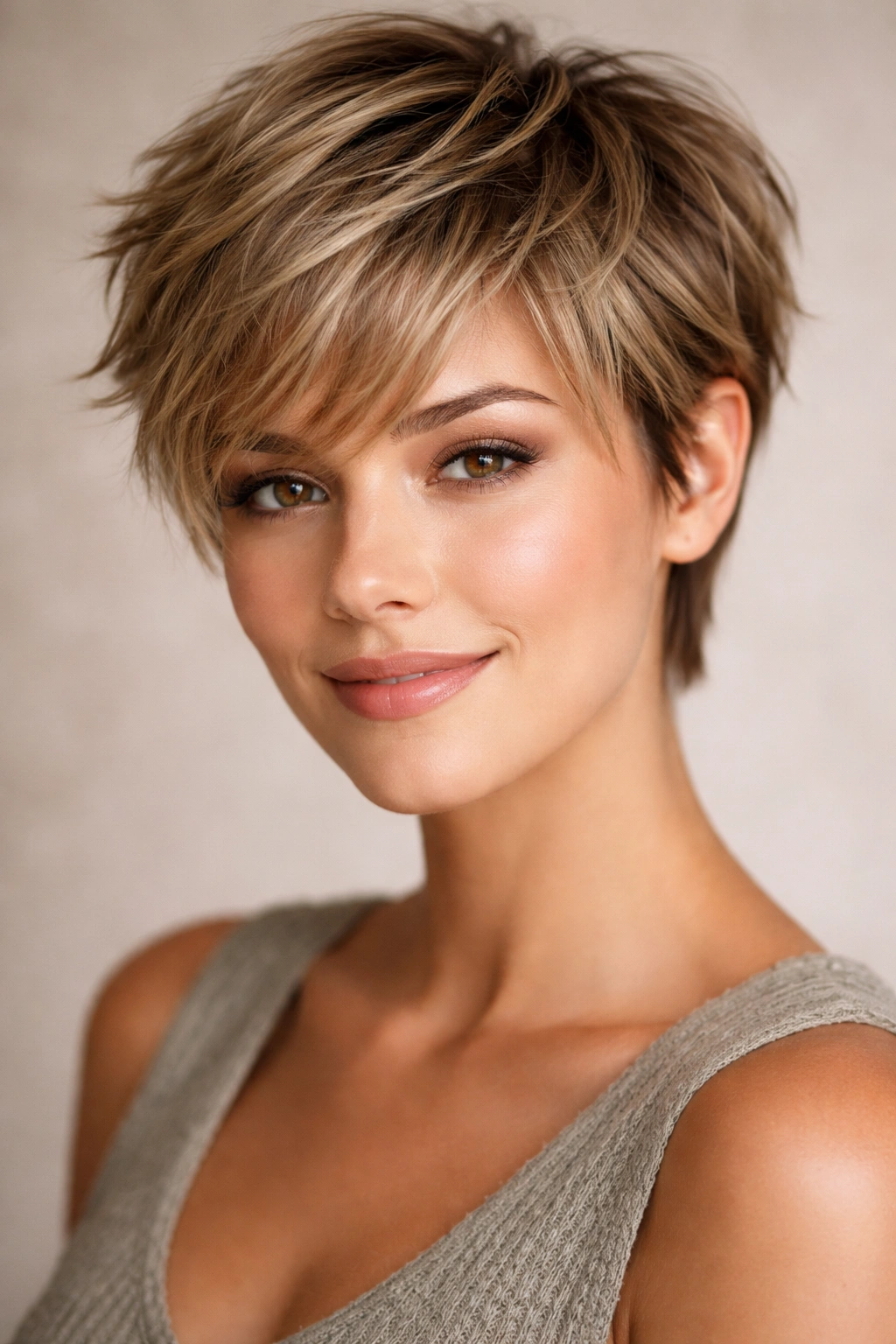 Close-up portrait of a textured pixie with choppy layers and face-framing pieces in soft studio light