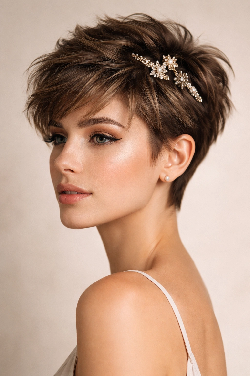Textured pixie hairstyle with decorative clips on crown