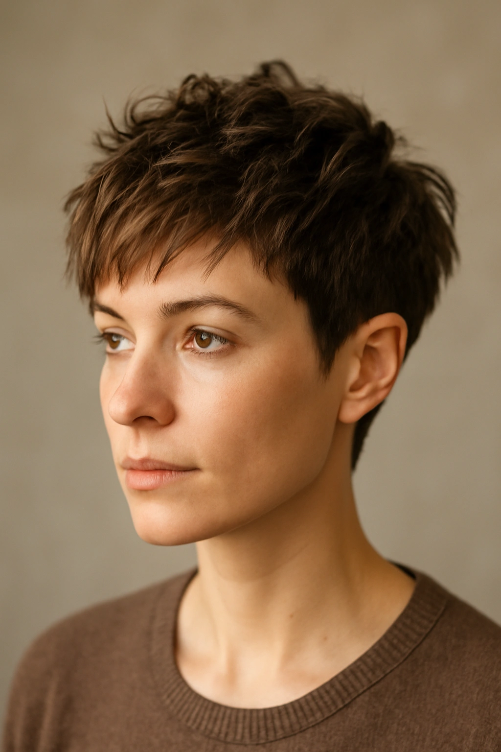 20 Pixie Styles Ranging From Classic To Edgy 2 Portrait of The Textured Pixie with layered top and tapered sides, studio lighting