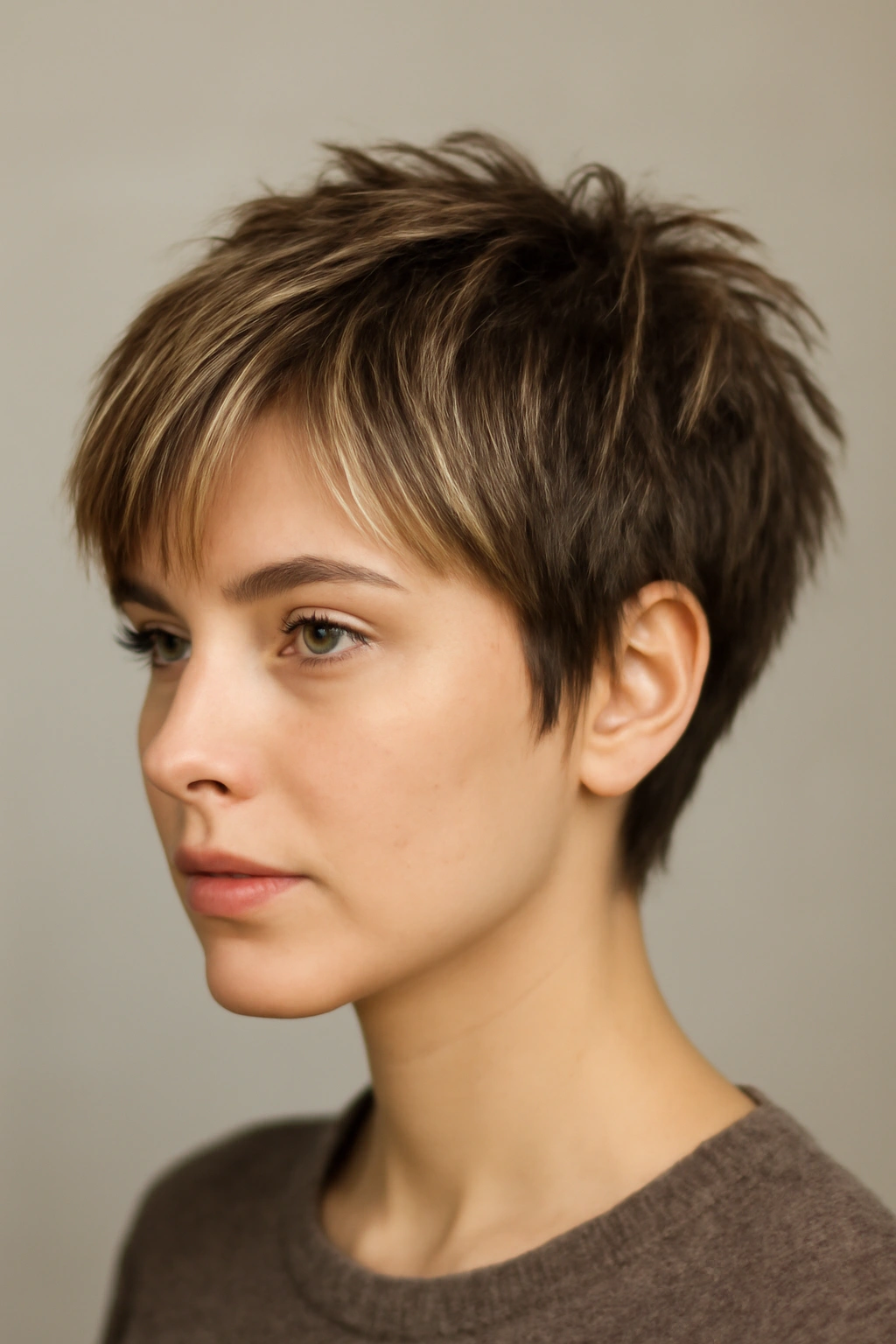 10 Short Haircuts With a Money Piece That Pop 2 Close-up of a textured pixie with piece-y highlights framing the face, studio lighting