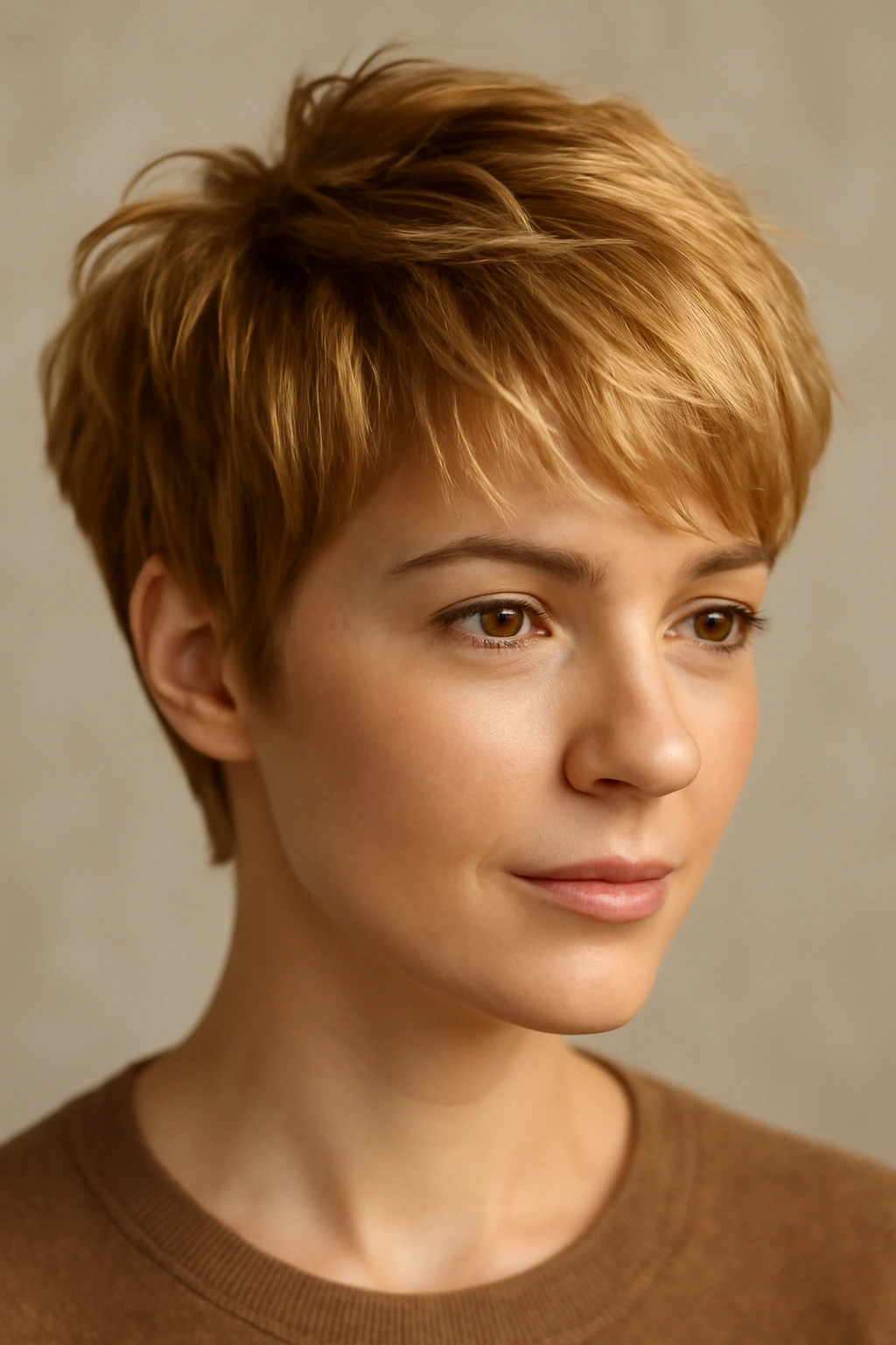 15 Short Haircut and Color Combos Worth Trying Together 1 Close-up of a textured pixie cut in honey blonde with warm highlights