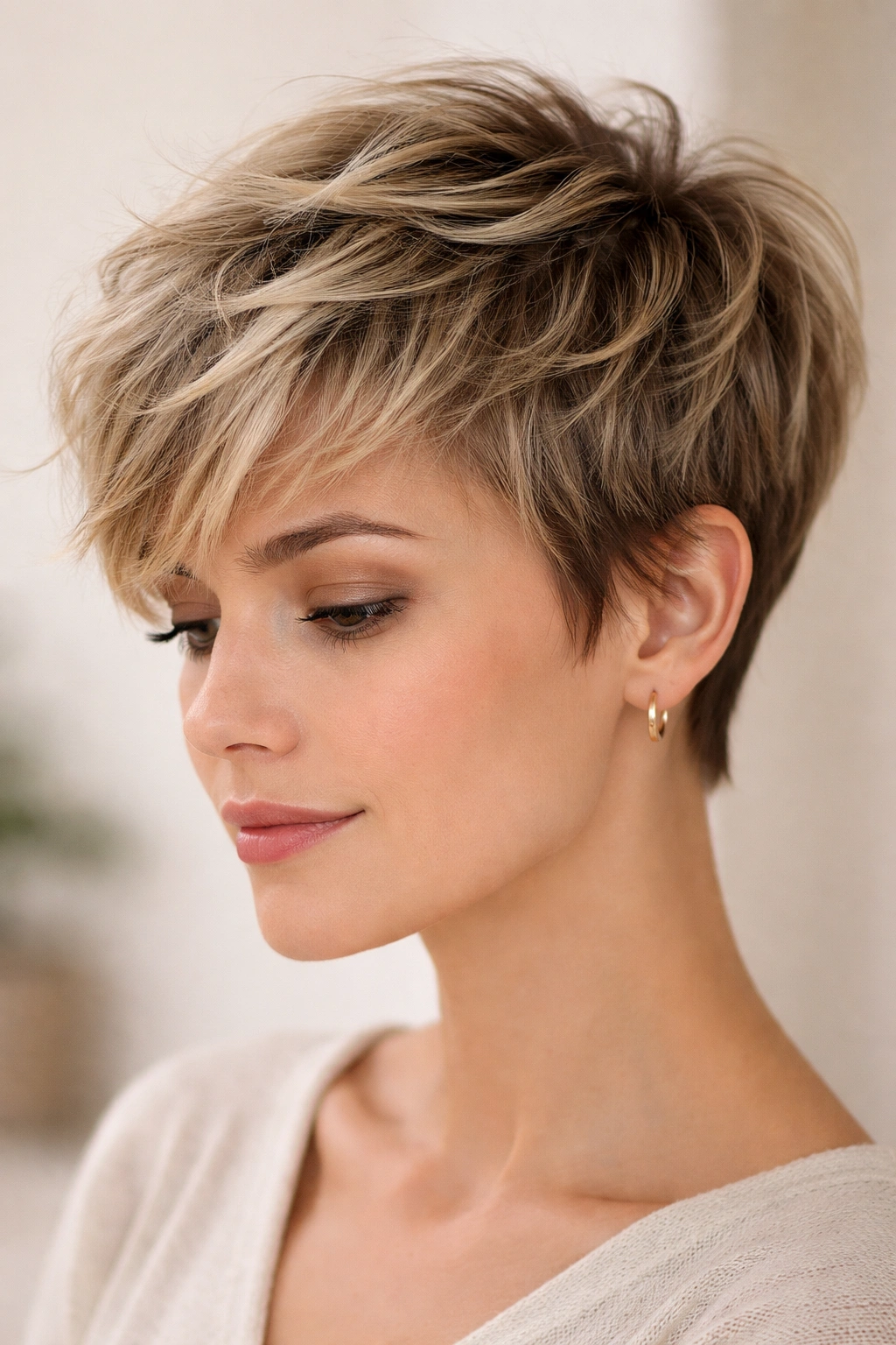 Close-up of a textured modern pixie cut with layered crown and sides