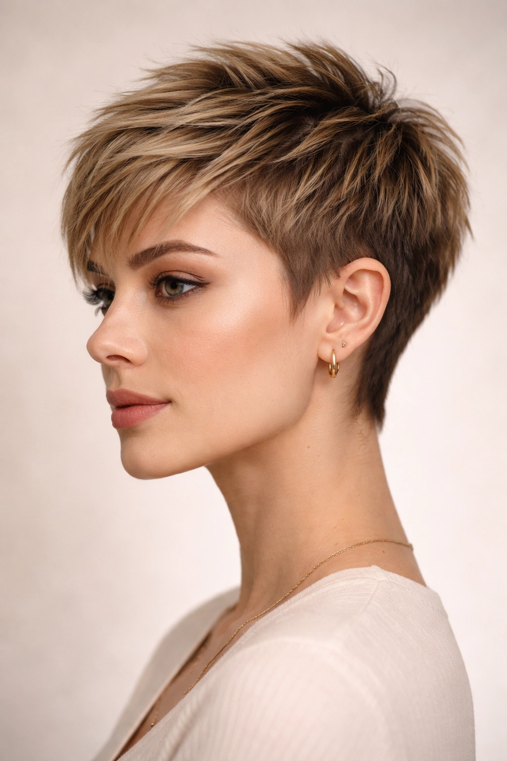 Textured pixie with layered top and short sides showing dimension