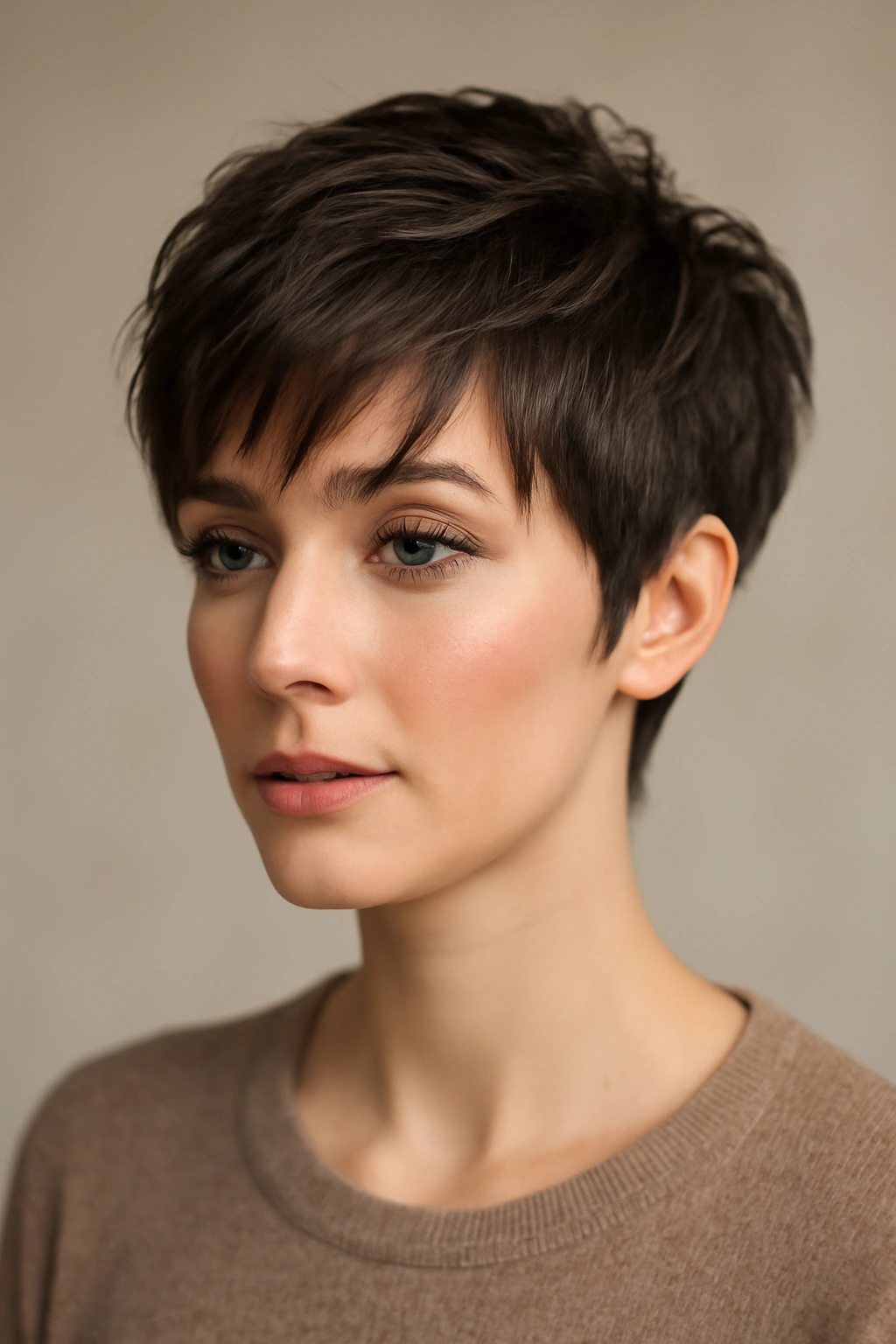 Close-up of a textured pixie with face-framing layers highlighting cheekbones