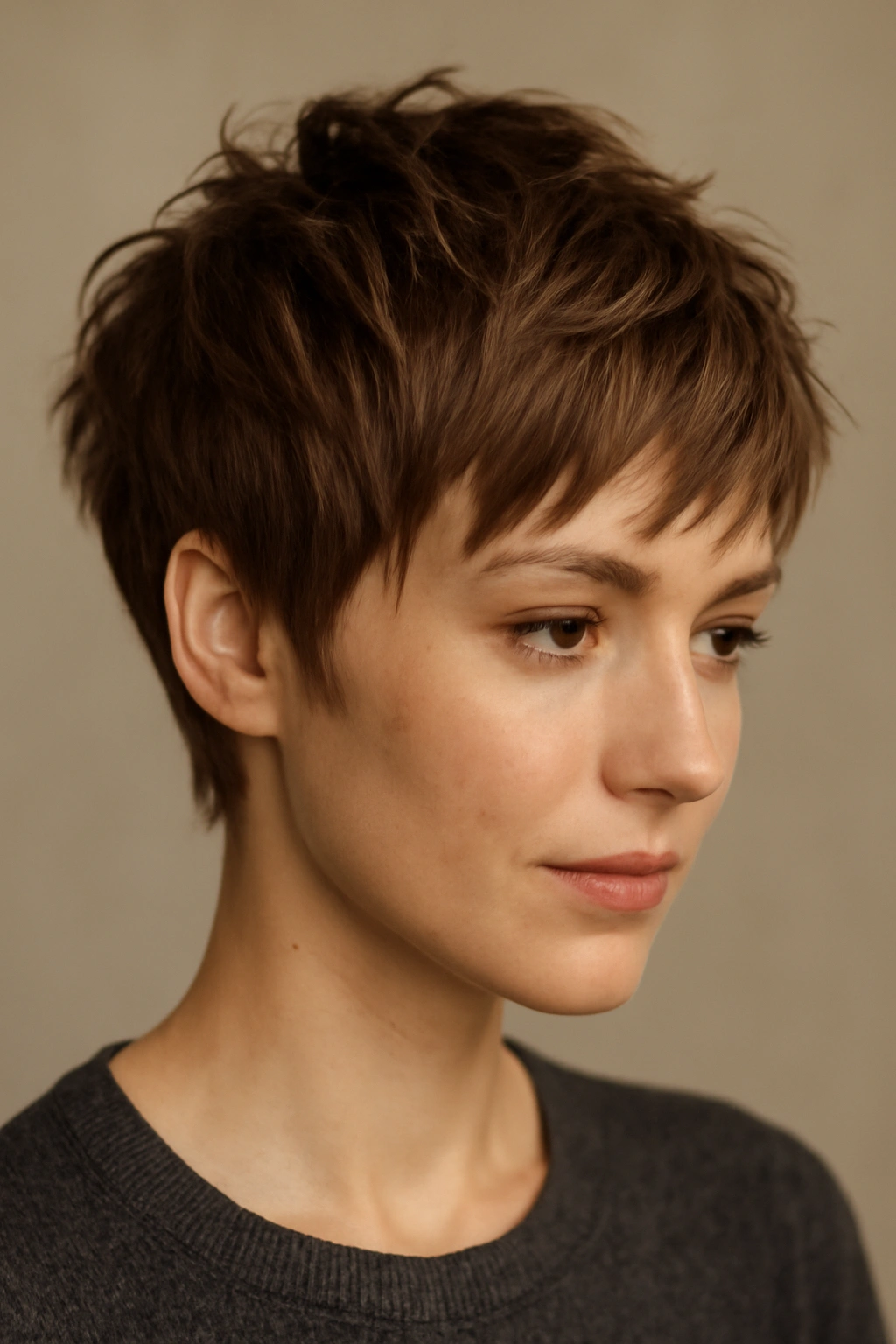 10 Quick Short Hairstyles for Busy Mornings 1 Close-up of a textured pixie cut with piece-y layers on a neutral background