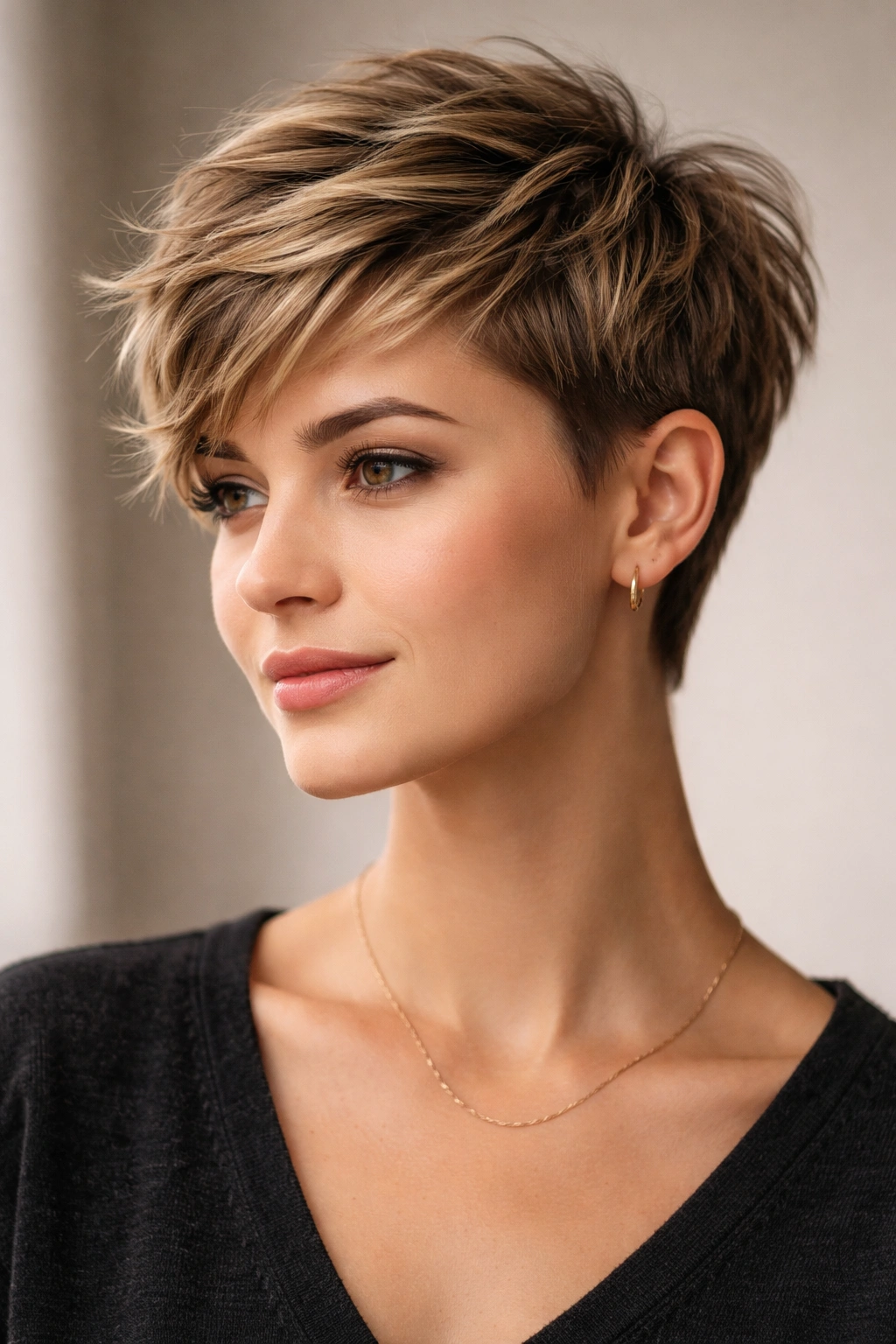 Portrait of a textured pixie with longer top layers showing movement and versatile styling