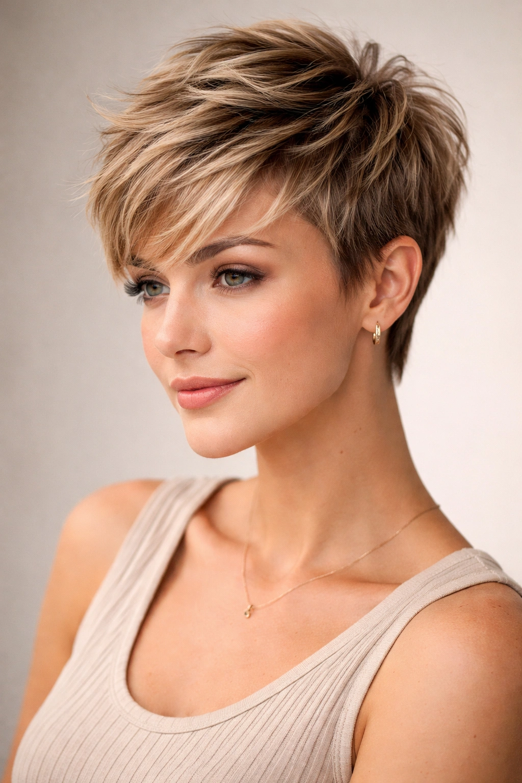 Textured pixie with longer top layers and shorter sides showcasing volume