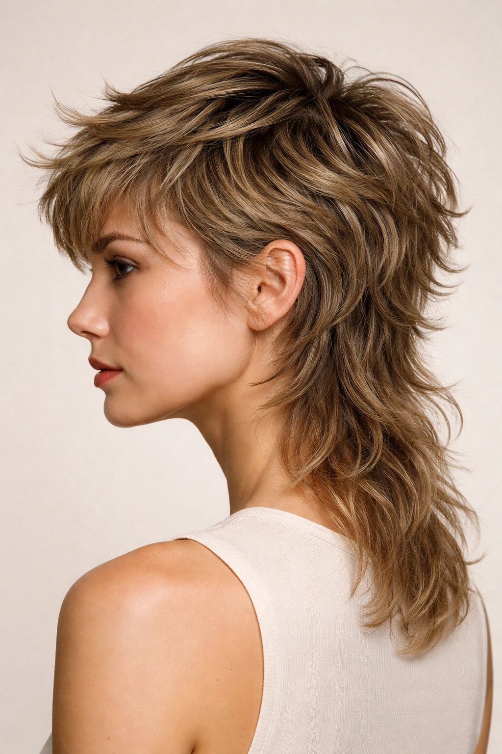 Side profile of textured pixie-long hybrid with feathering