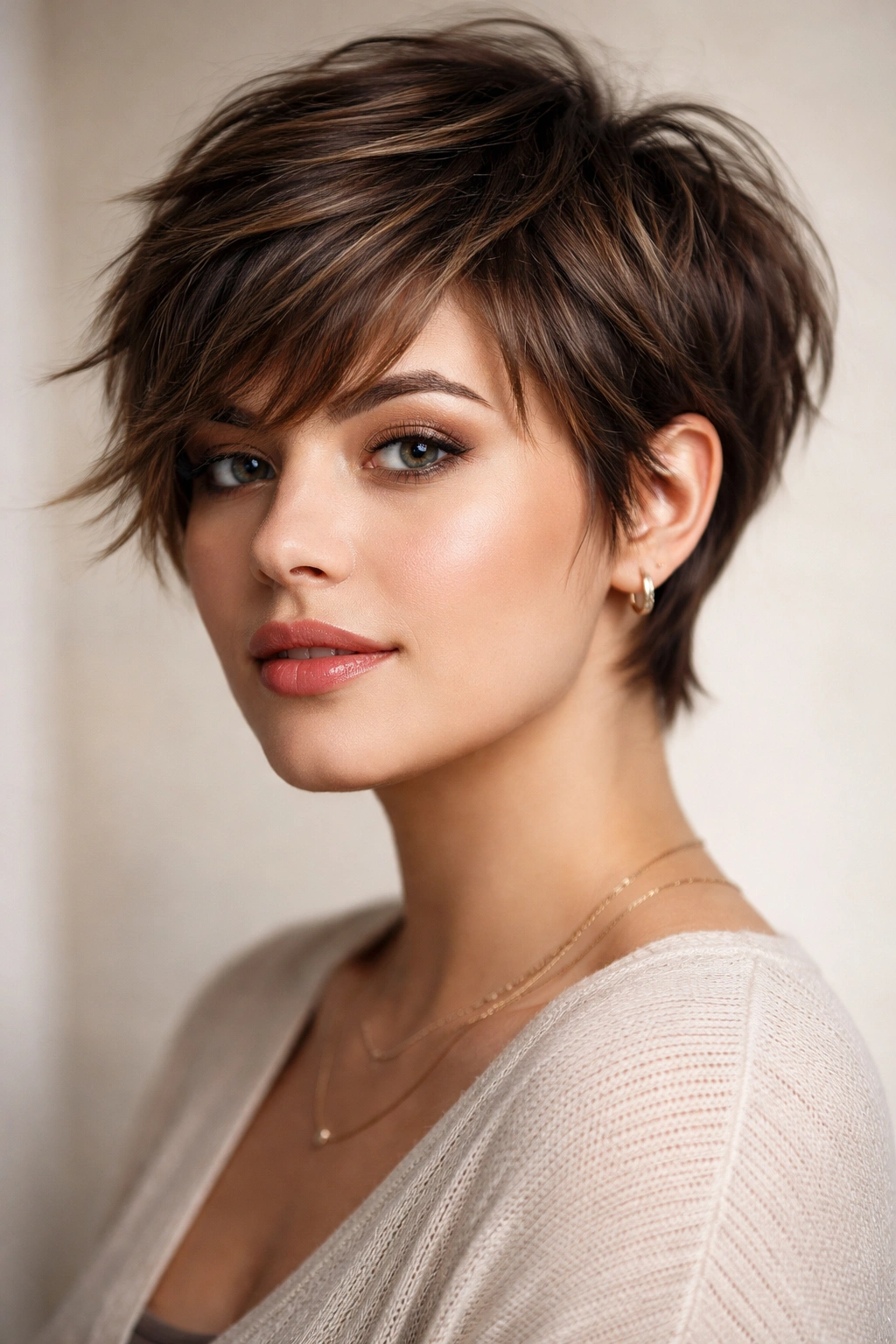 12 Pixie Cuts That Look Great On Rounder Faces 1 Close-up of textured pixie with long layers highlighting choppy, dimensional styling.