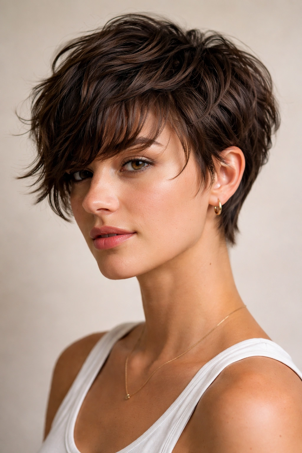 Close-up of a textured pixie crop with longer bangs on wavy hair