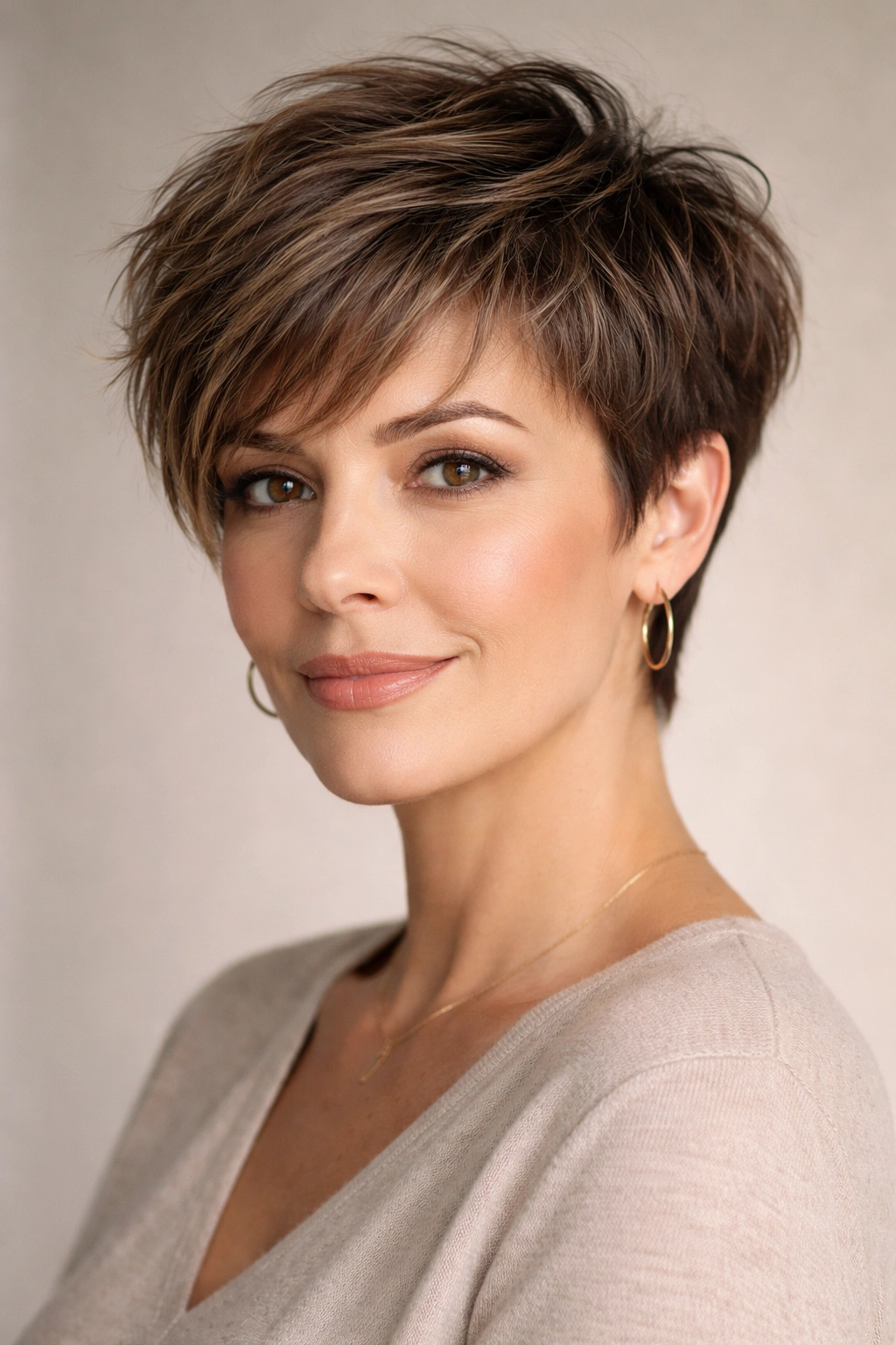 Portrait of a woman wearing a textured pixie with longer sides, showcasing a fuller crown and tousled layers under studio lighting
