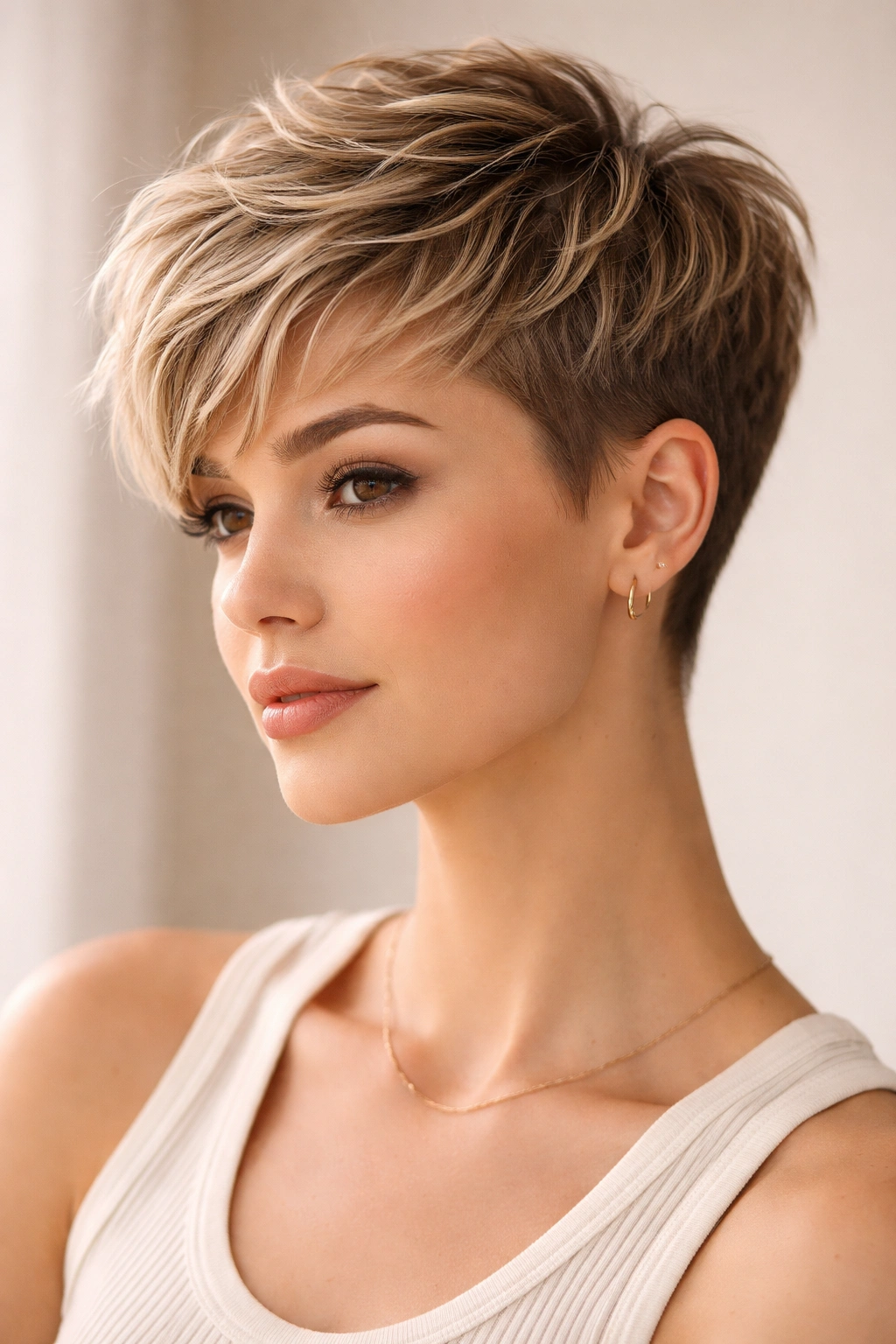 Textured pixie with longer top and short sides