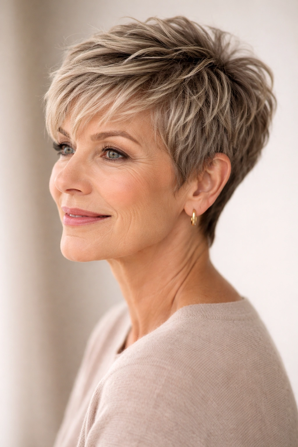 10 Short Haircuts For Older Women With Fine Hair 1 Close-up of textured pixie with longer top showing layered waves for fullness in fine hair