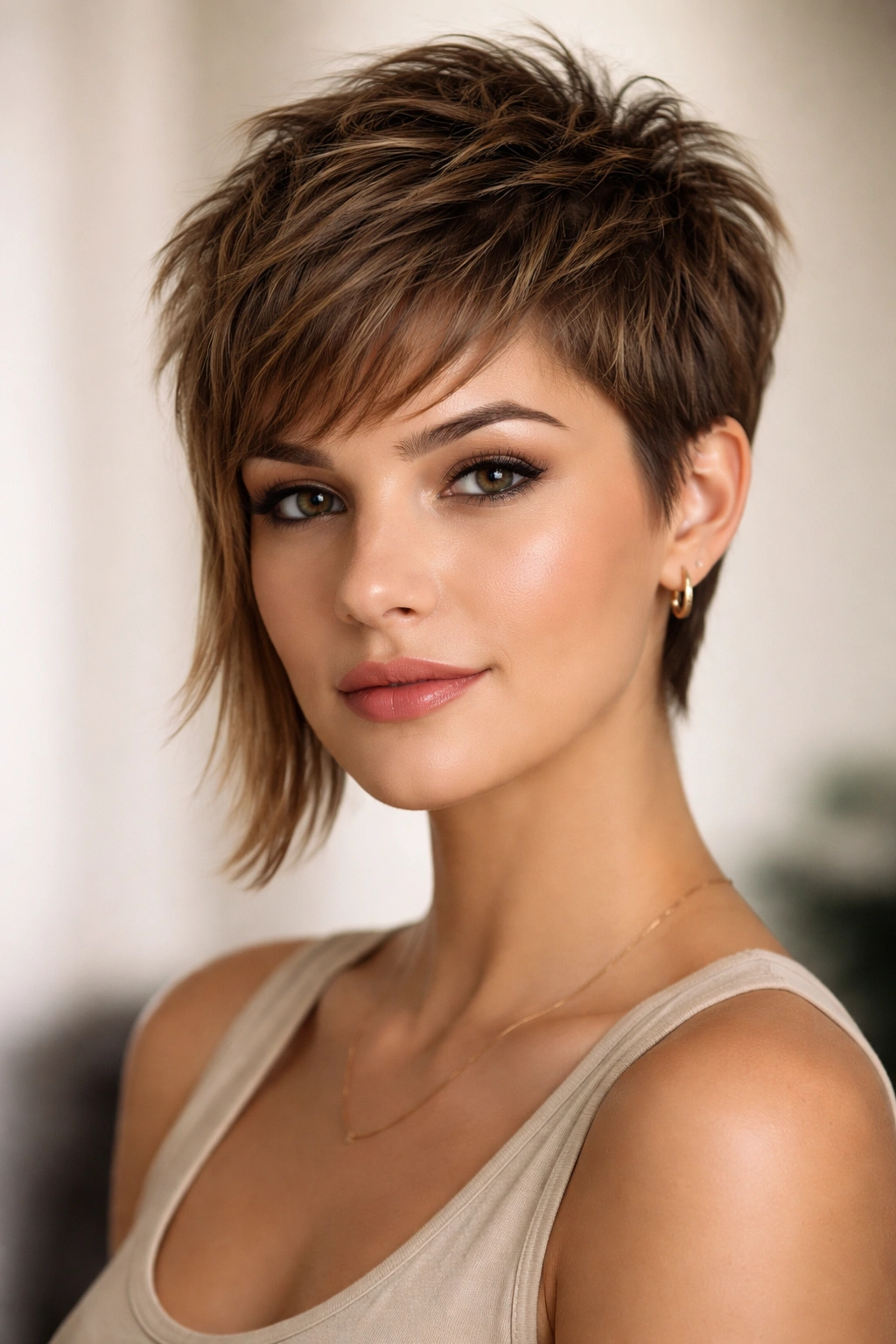 Close-up of textured pixie with long sides framing the jawline on a neutral backdrop