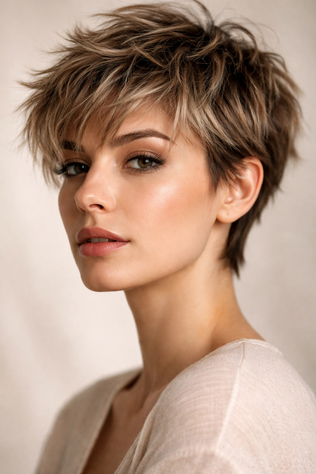 Close-up of a modern textured pixie cut with choppy layers.