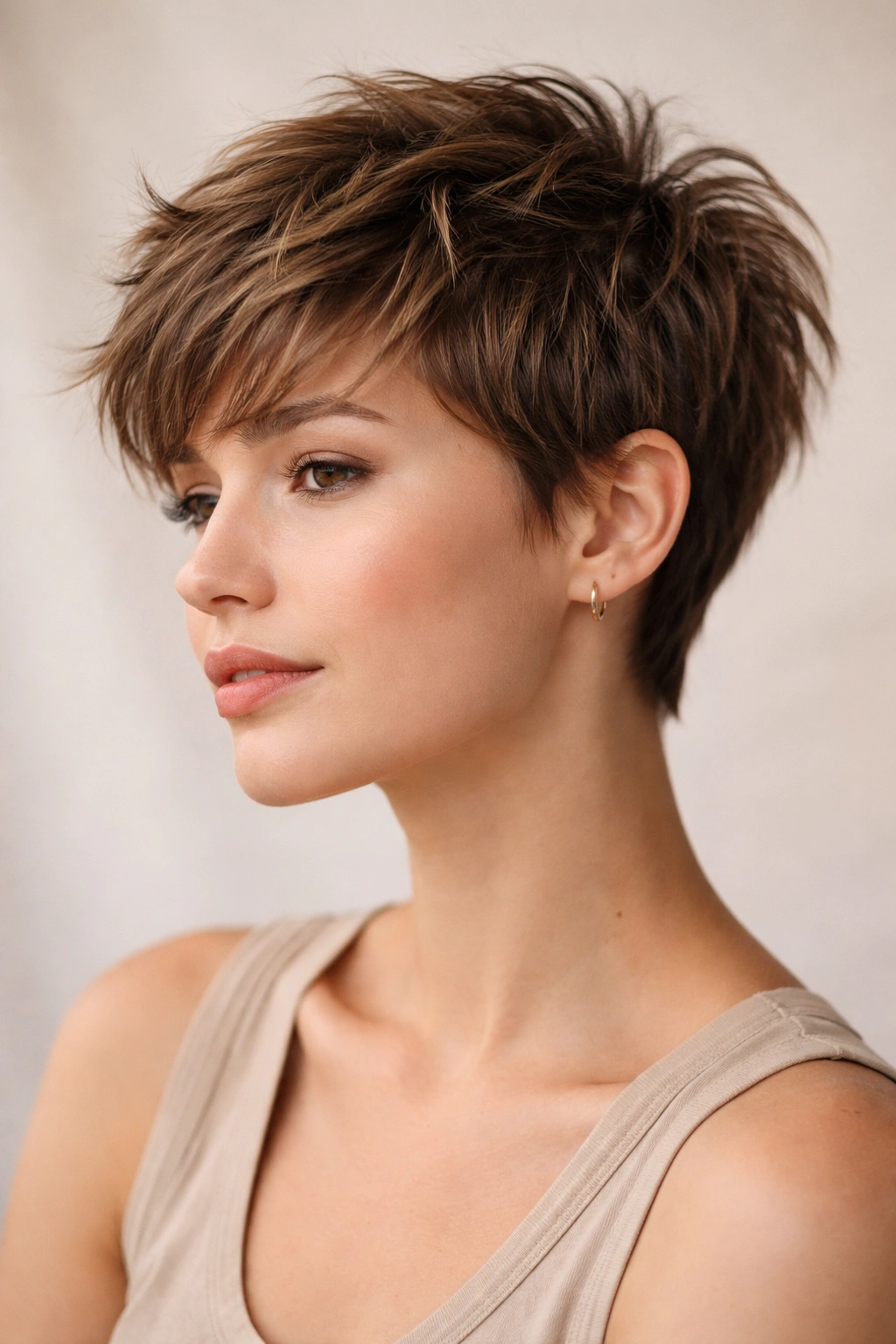 Close-up portrait of a woman with a textured pixie cut featuring messy layered top