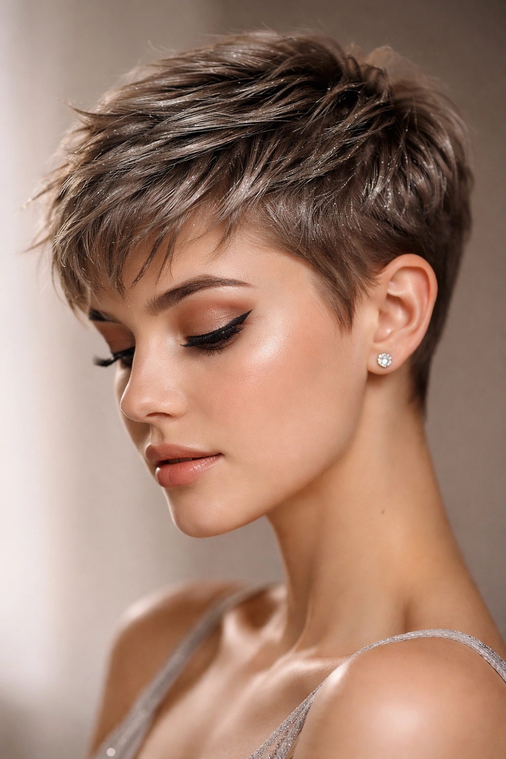 10 Prom Hairstyles For Short Hair You Can Do At Home 7 Close-up of a textured short pixie with metallic accents under studio lighting
