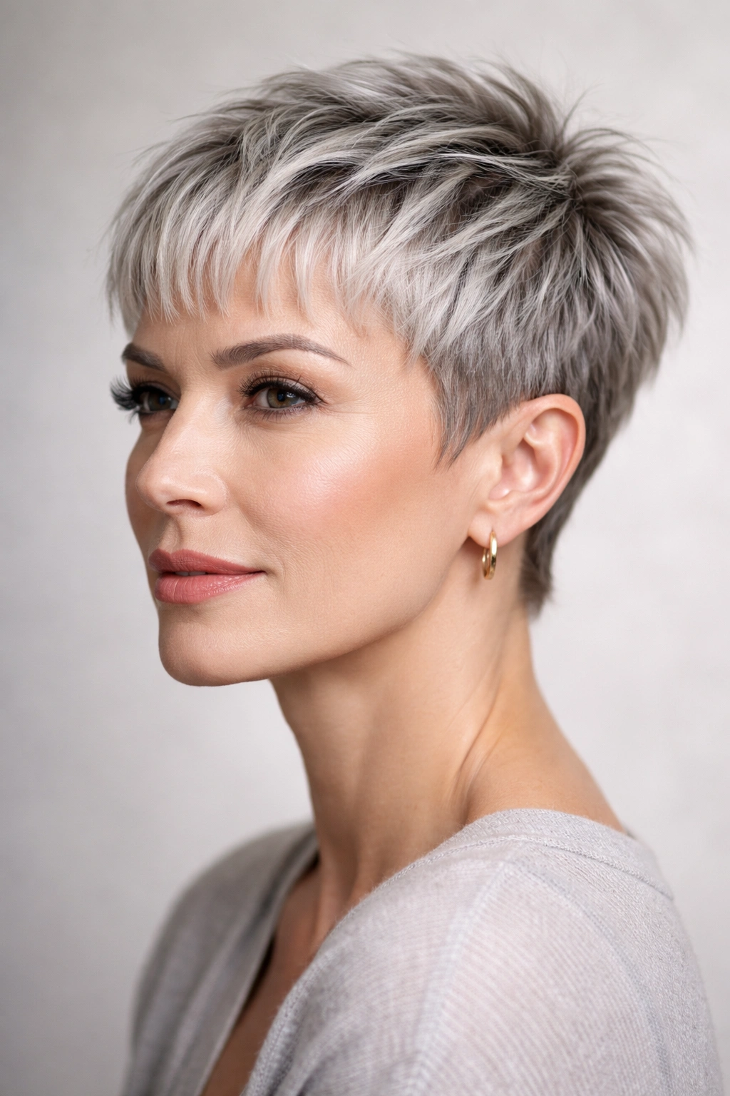 Textured pixie with micro bangs in silver tones