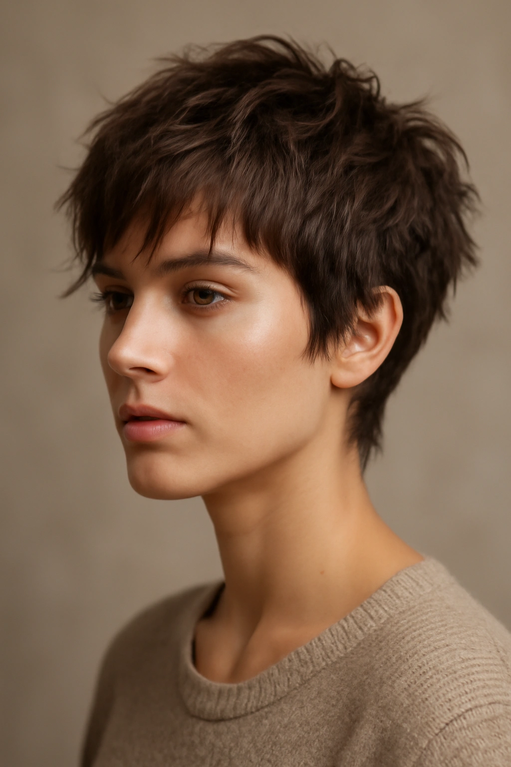 20 Pixie Cuts Sorted By Age And Face Shape 19 Close-up of a person’s textured shag pixie haircut with choppy layers and movement