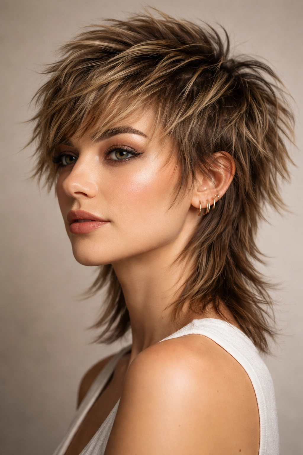 Textured pixie mullet hairstyle with choppy layers and movement on a neutral studio backdrop