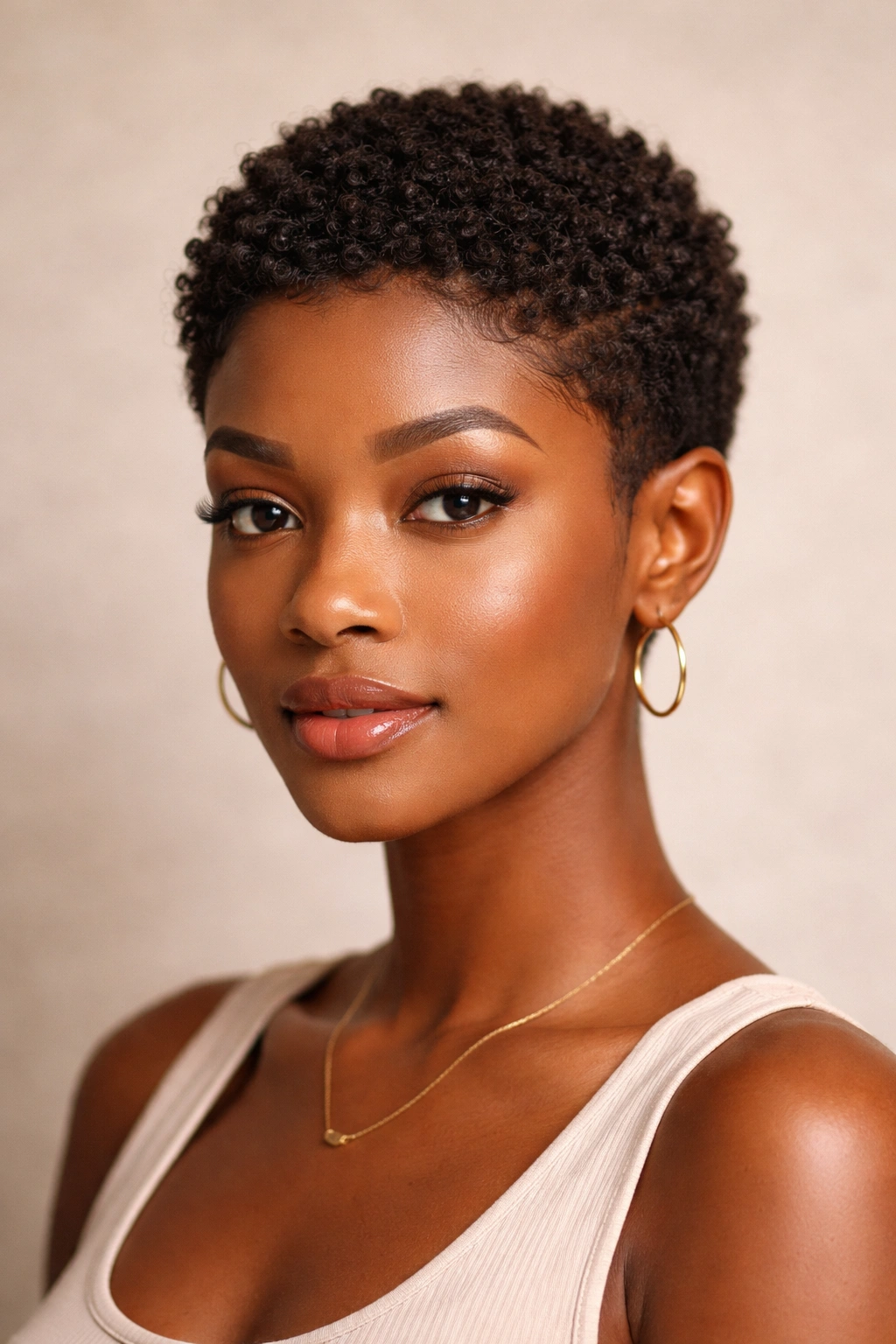 Close-up of a Black woman with a textured pixie cut and natural curls