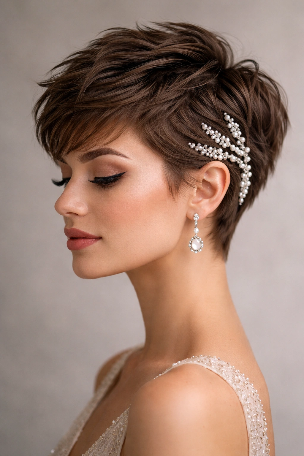 Textured pixie with pearl clips along the sides