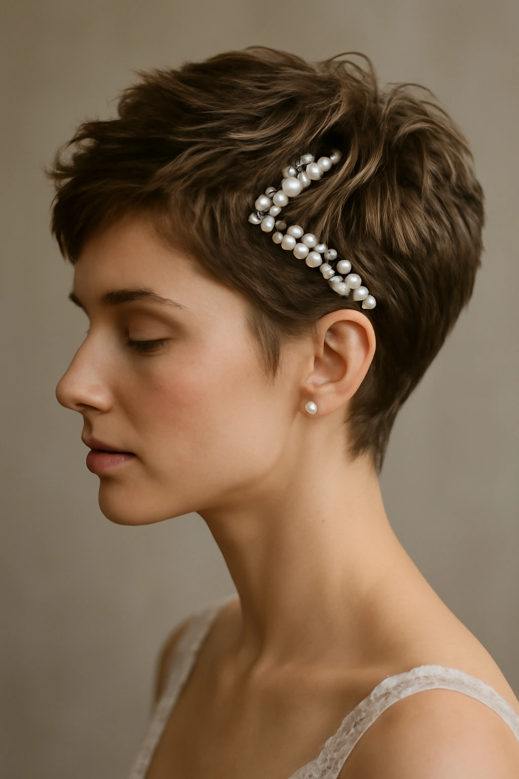 15 Wedding Hairstyles That Look Great on Short Hair 3 Textured pixie with pearls placed at temple area