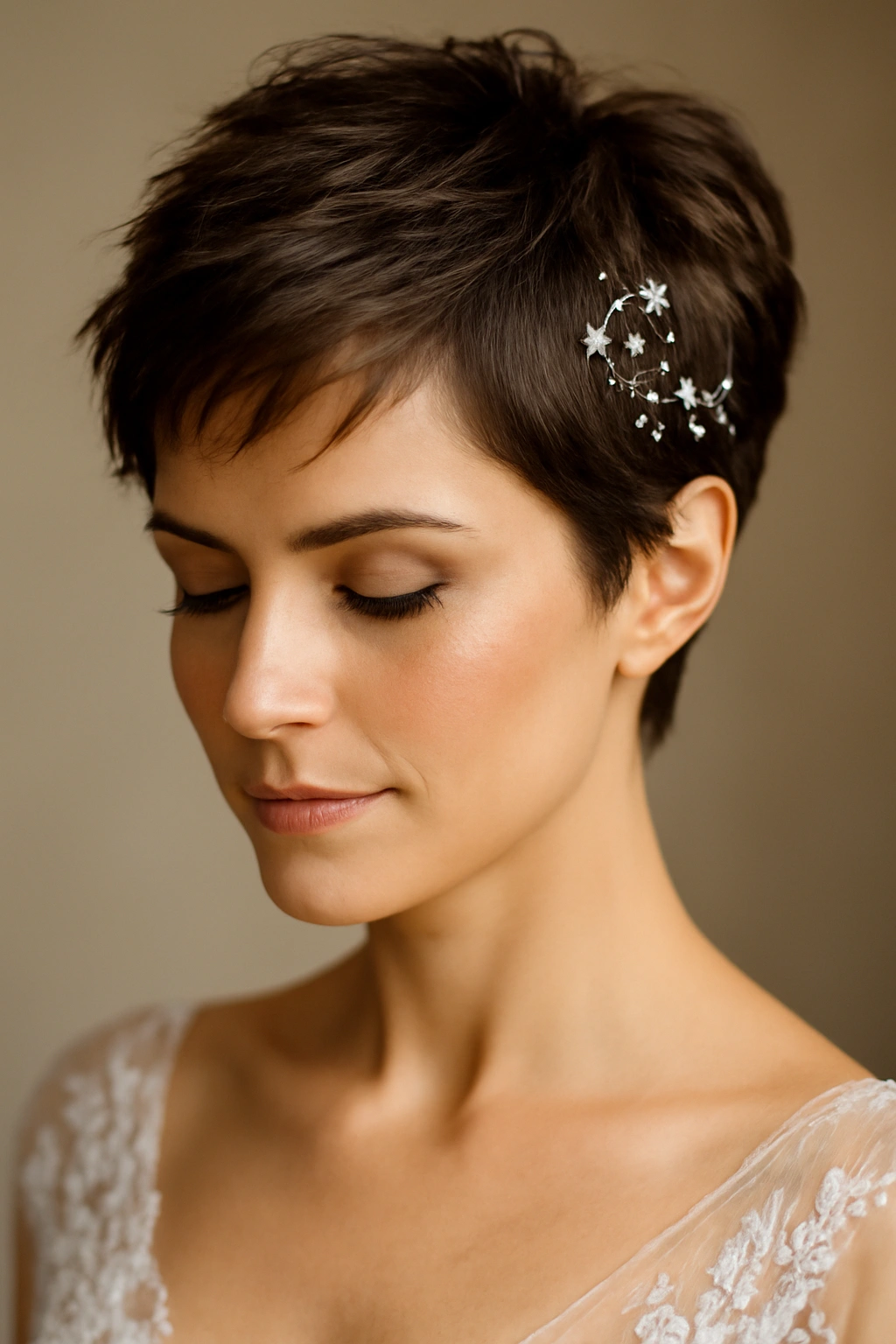 18 Wedding Hairstyles That Look Amazing on Short Hair 1 Close-up portrait of a textured pixie hairstyle with delicate hair pins for a wedding