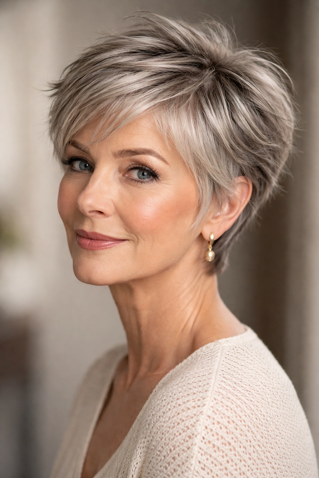 Textured pixie cut on refined features