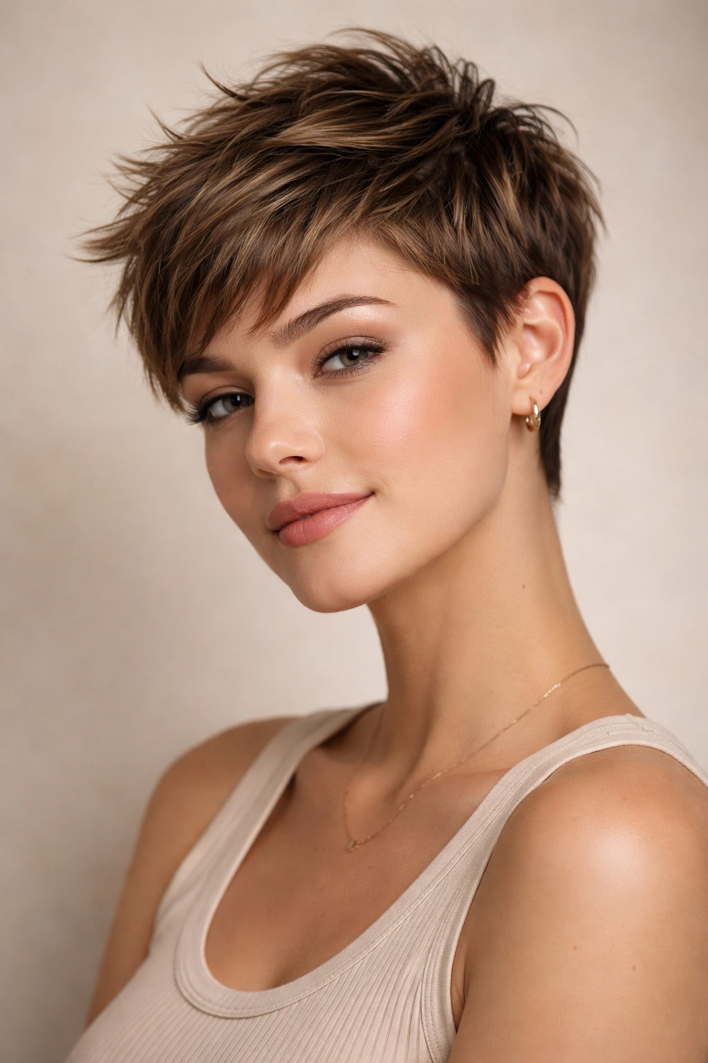Portrait of a young woman with a round face wearing a heavily textured, choppy pixie