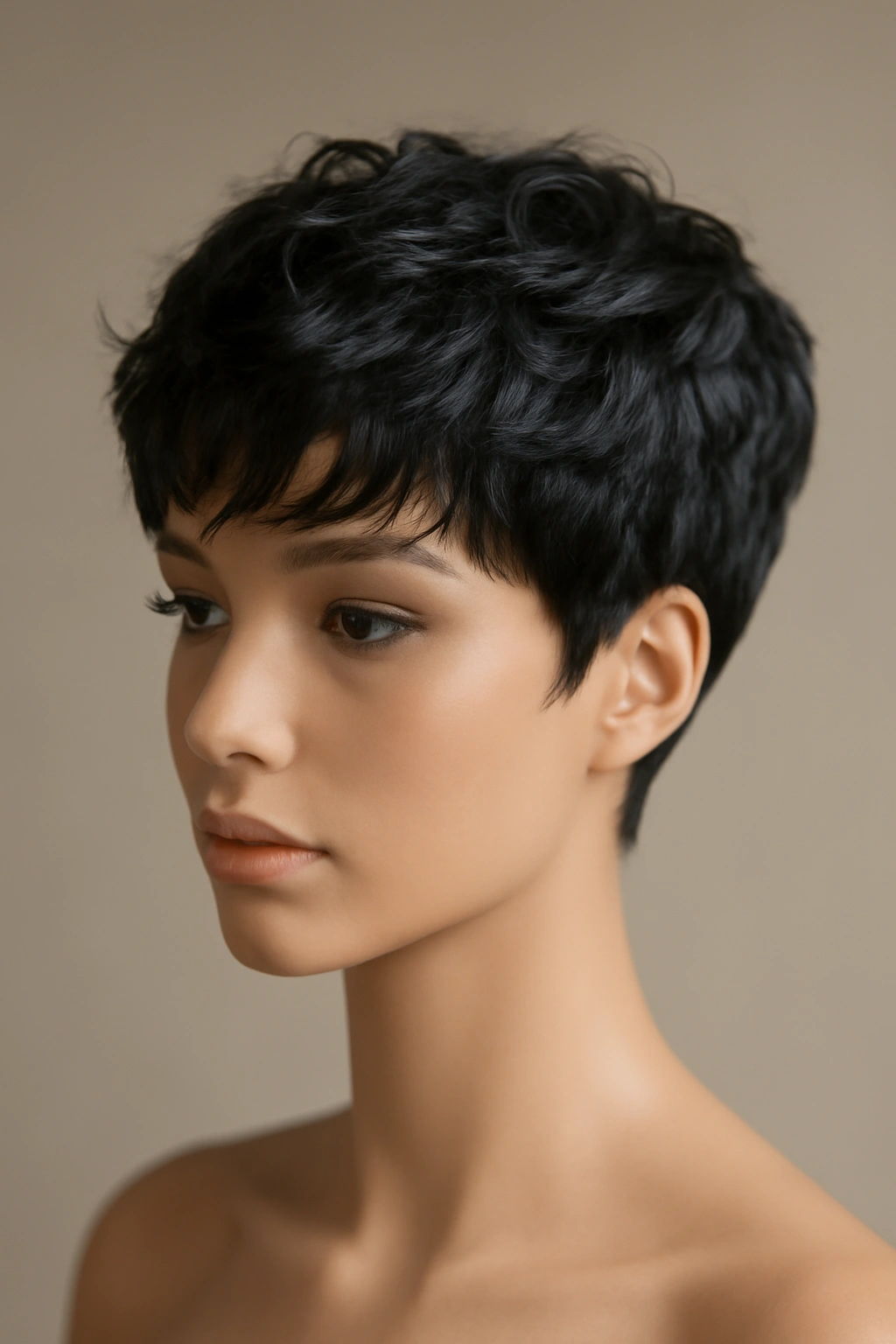 10 Short Sew In Styles Black Women Should Try Now 1 Textured pixie sew-in on mannequin head displaying layered waves and face-framing texture.