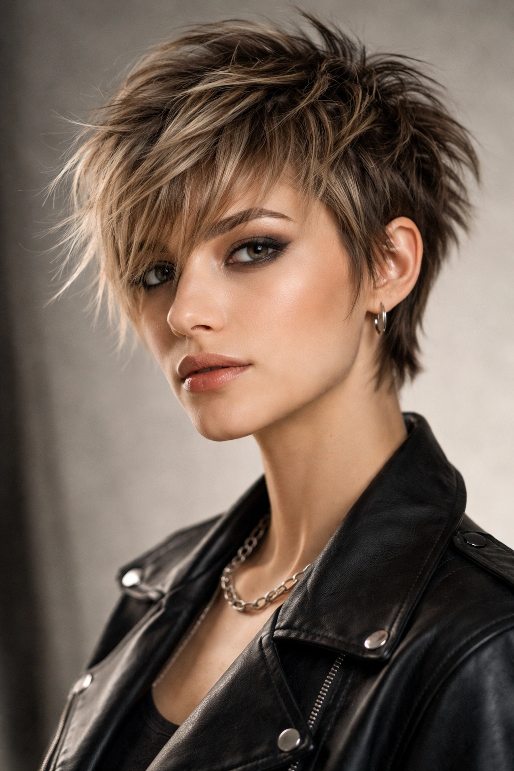 Close-up of textured shag pixie hairstyle with layered crown and short nape