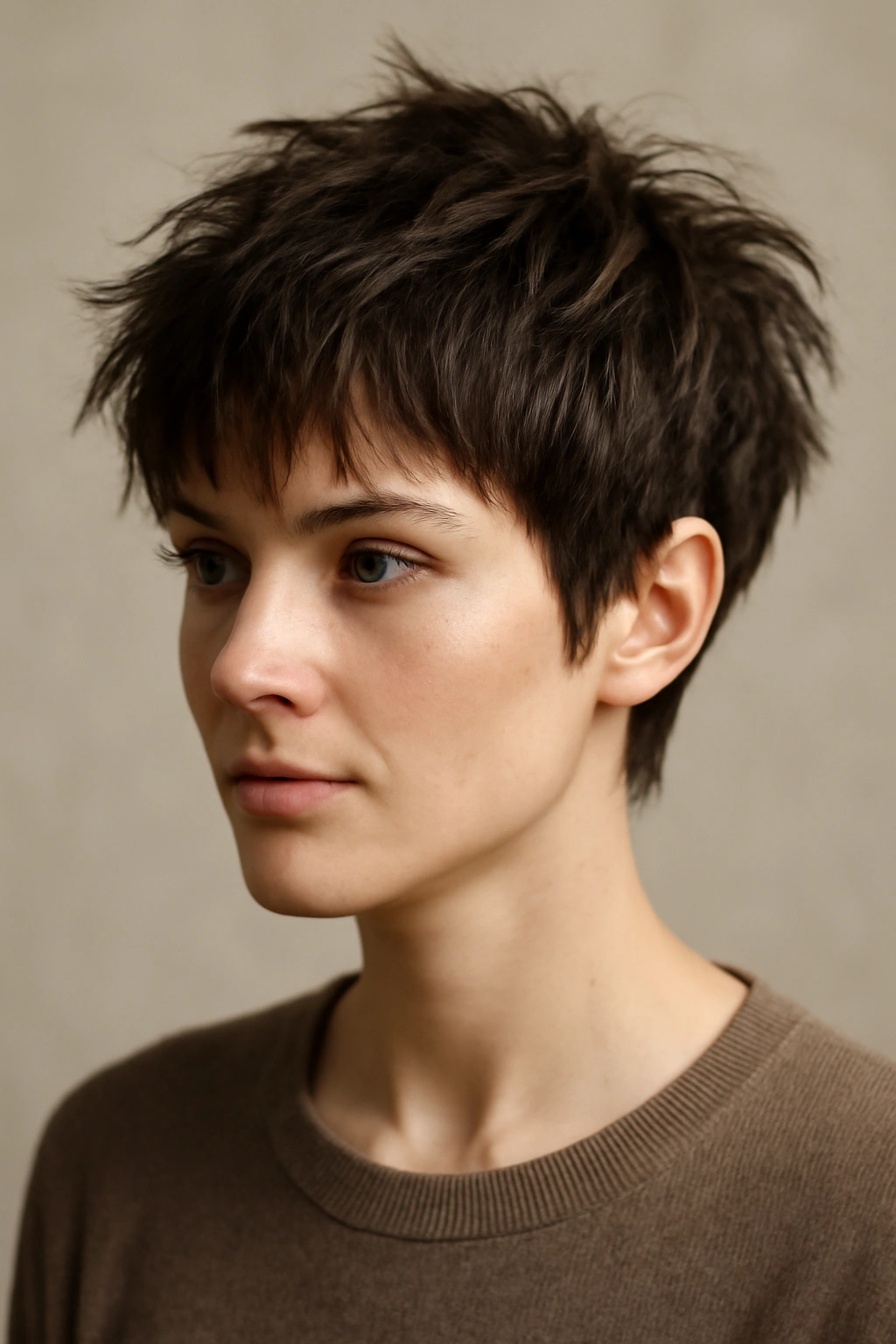 20 Short Shag Haircuts for Easy, Effortless Mornings 1 Close-up portrait of a model with textured pixie shag showing choppy layers and movement