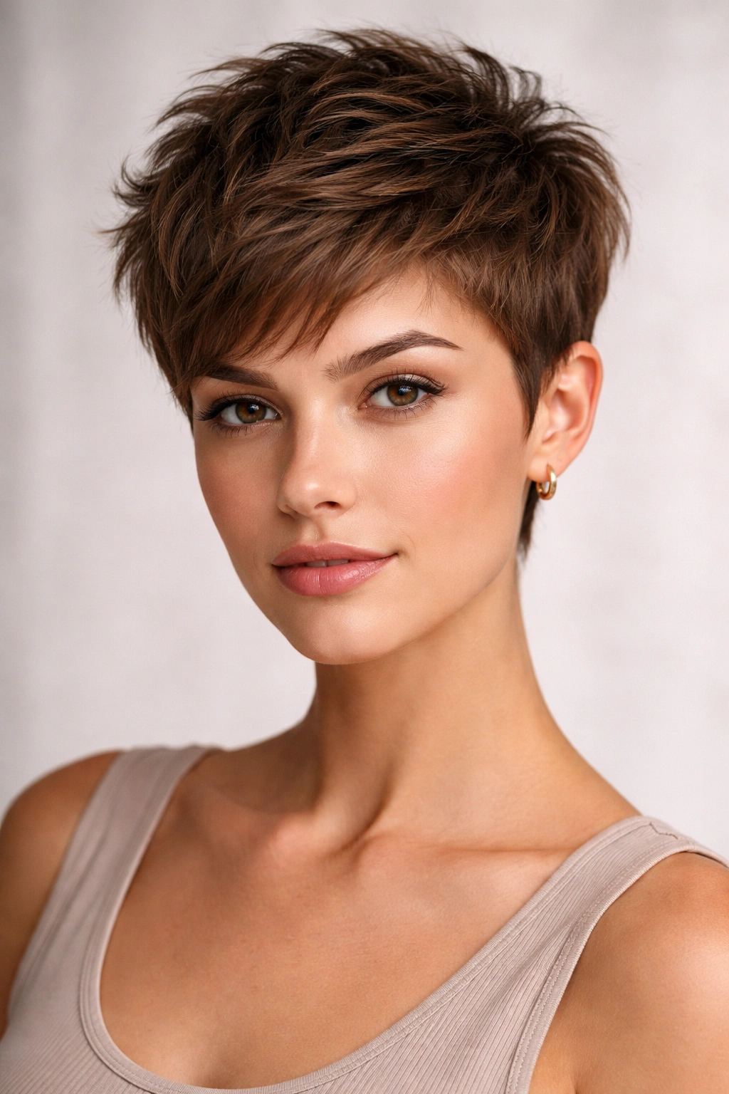 Close-up of a textured pixie haircut showing volume on top and width at temples