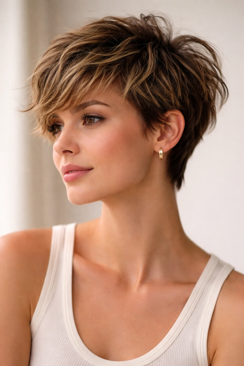12 Low Maintenance Short Cuts You Can Air Dry 1 Close-up of a textured pixie cut with choppy layers and natural movement in a studio portrait