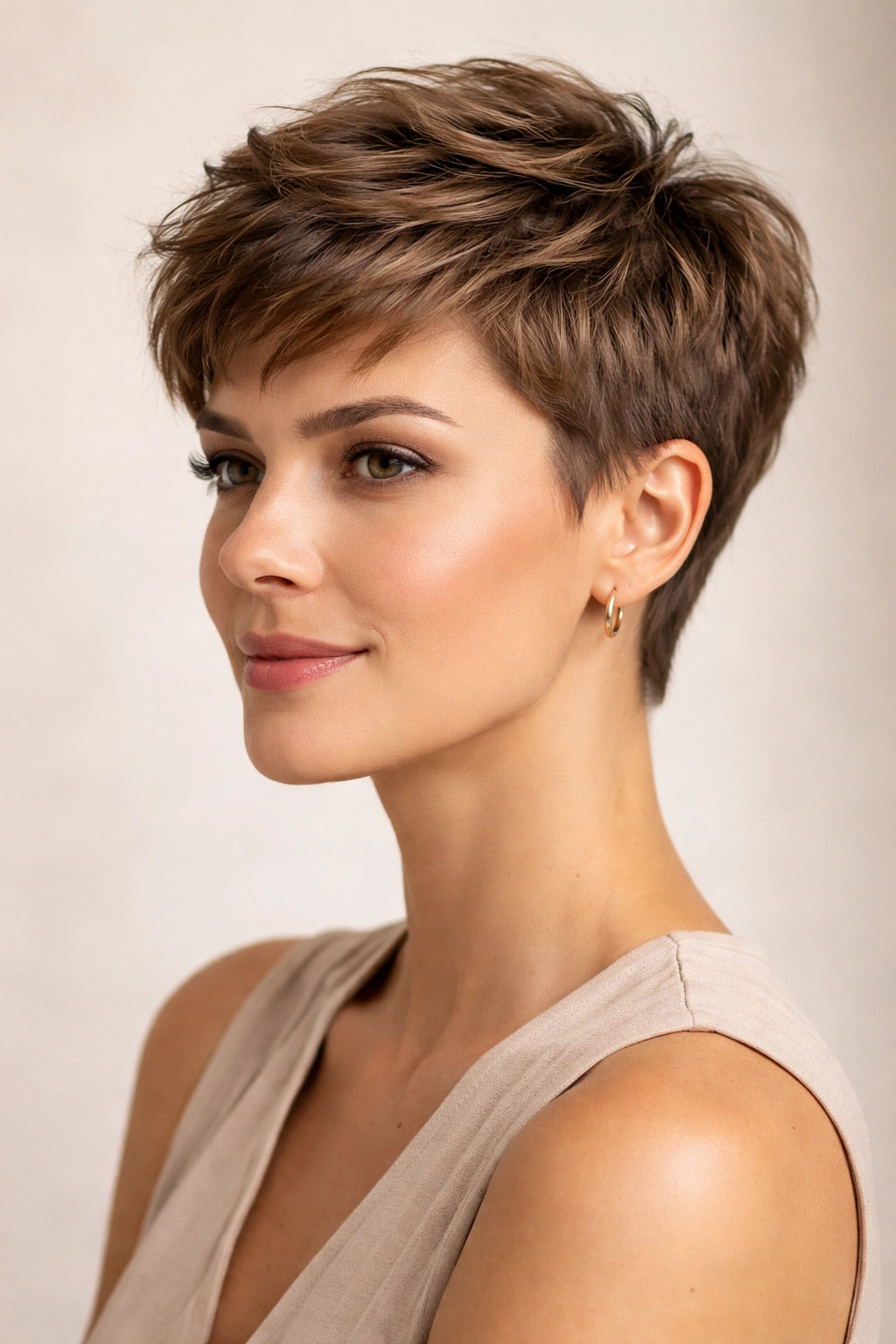 Close-up of classic textured pixie with short sides and choppy top.