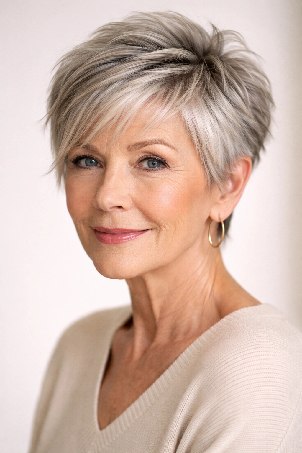 Older woman with textured pixie and side-swept bangs
