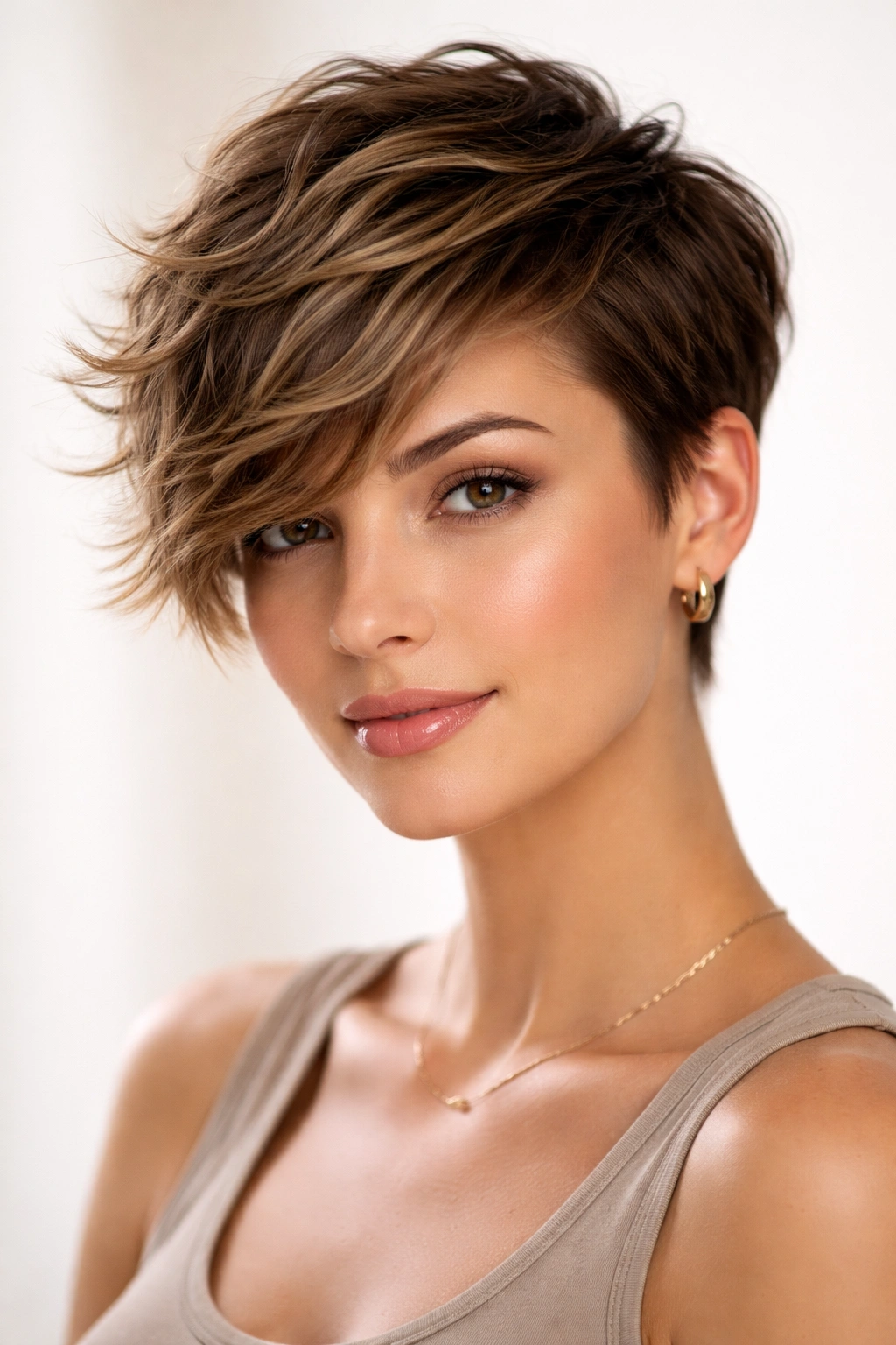 Close-up of textured pixie with side-sweep, showing asymmetrical longer side and tapered back