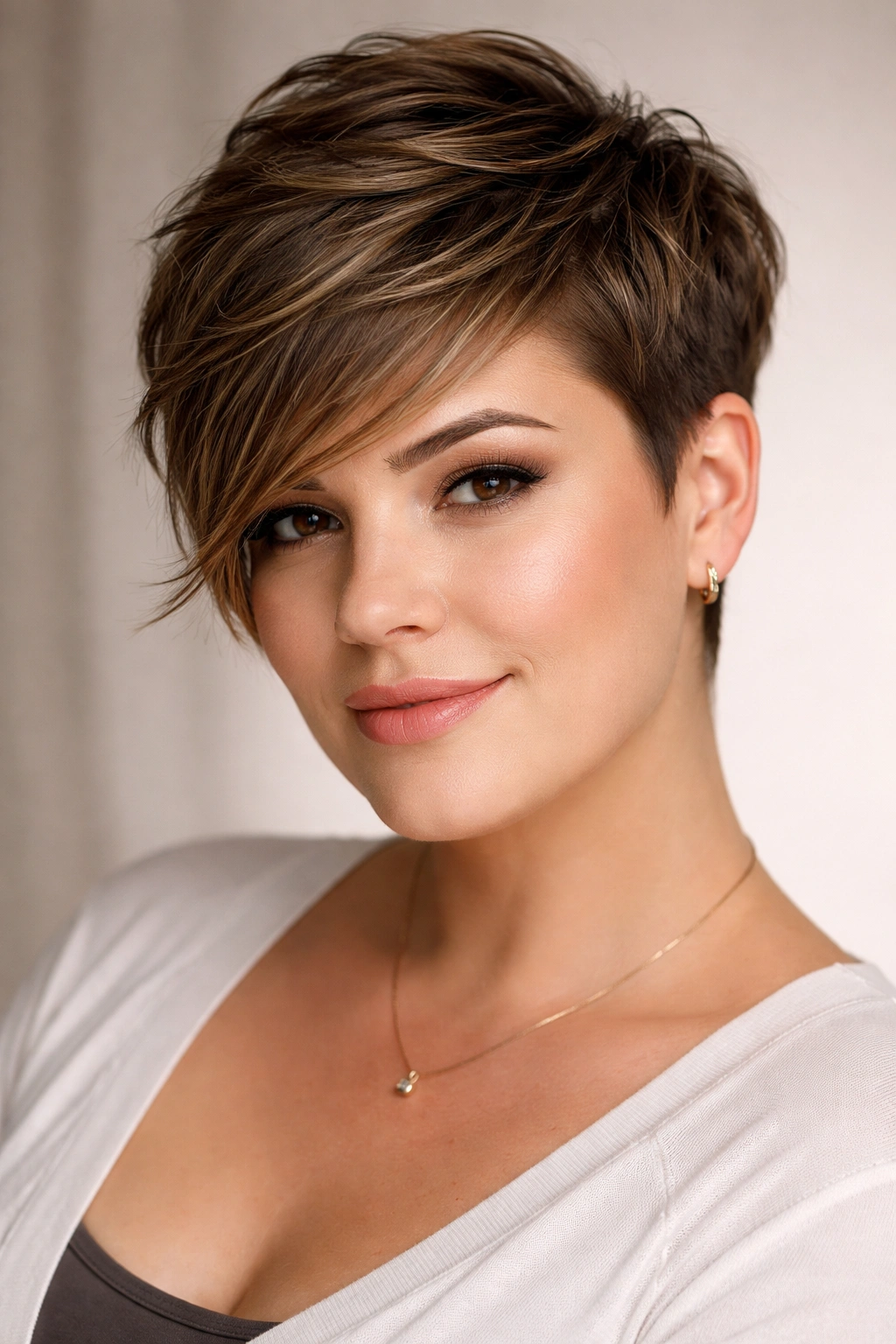 Close-up of textured pixie with side swept fringe