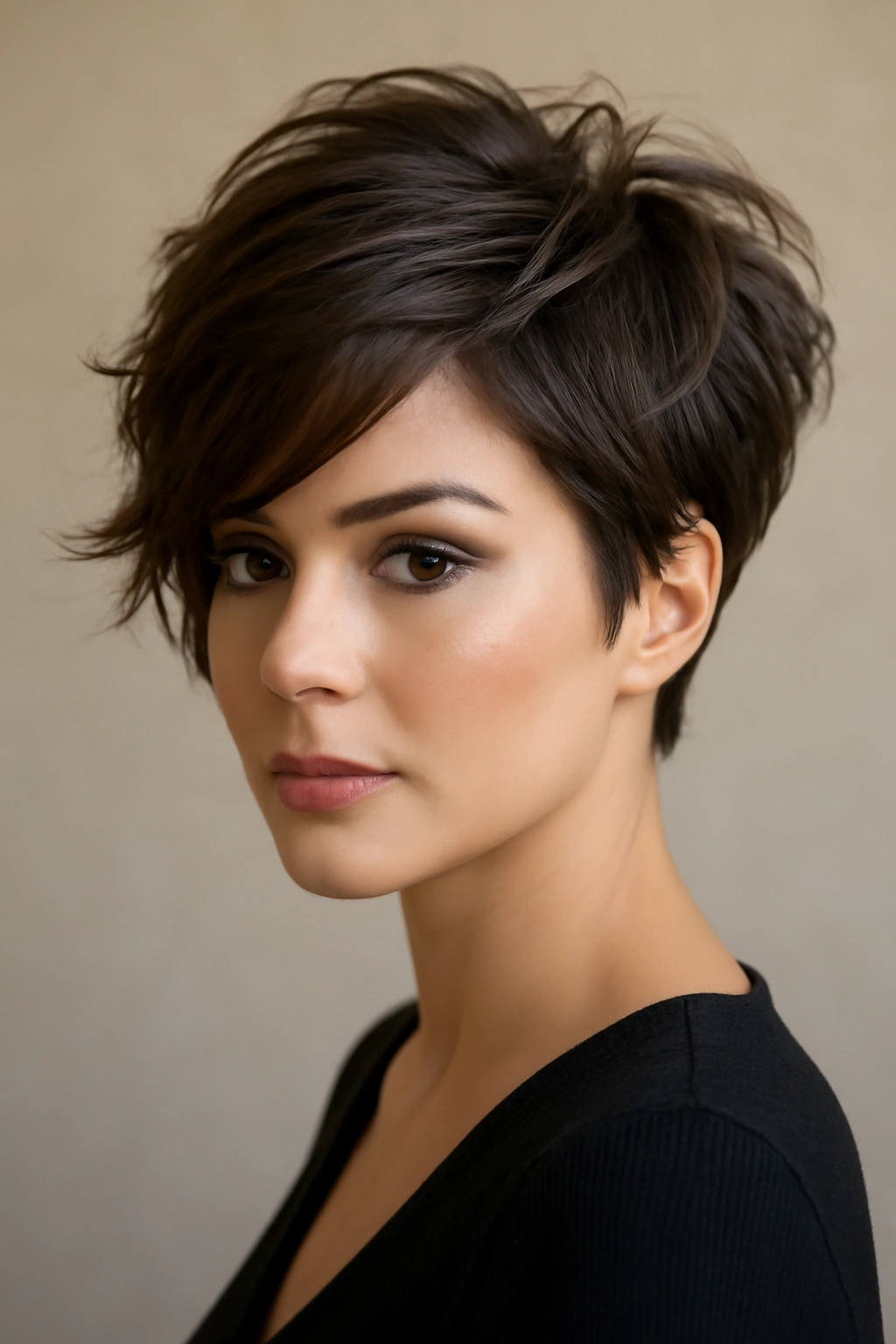 12 Party-Ready Hairstyles That Shine on Short Hair 1 Close-up of textured pixie with dramatic side sweep showing voluminous crown and tousled texture