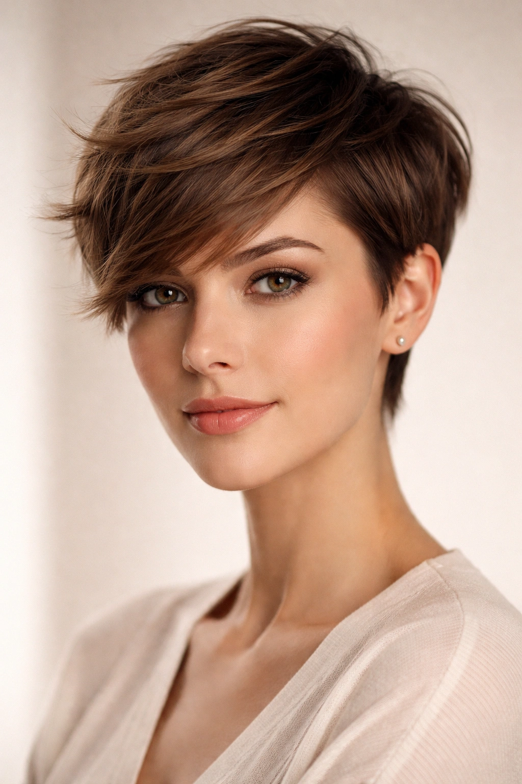 15 Haircuts That Shorten And Balance A Long Face 2 Close-up of textured pixie with side sweep emphasizing horizontal line and width