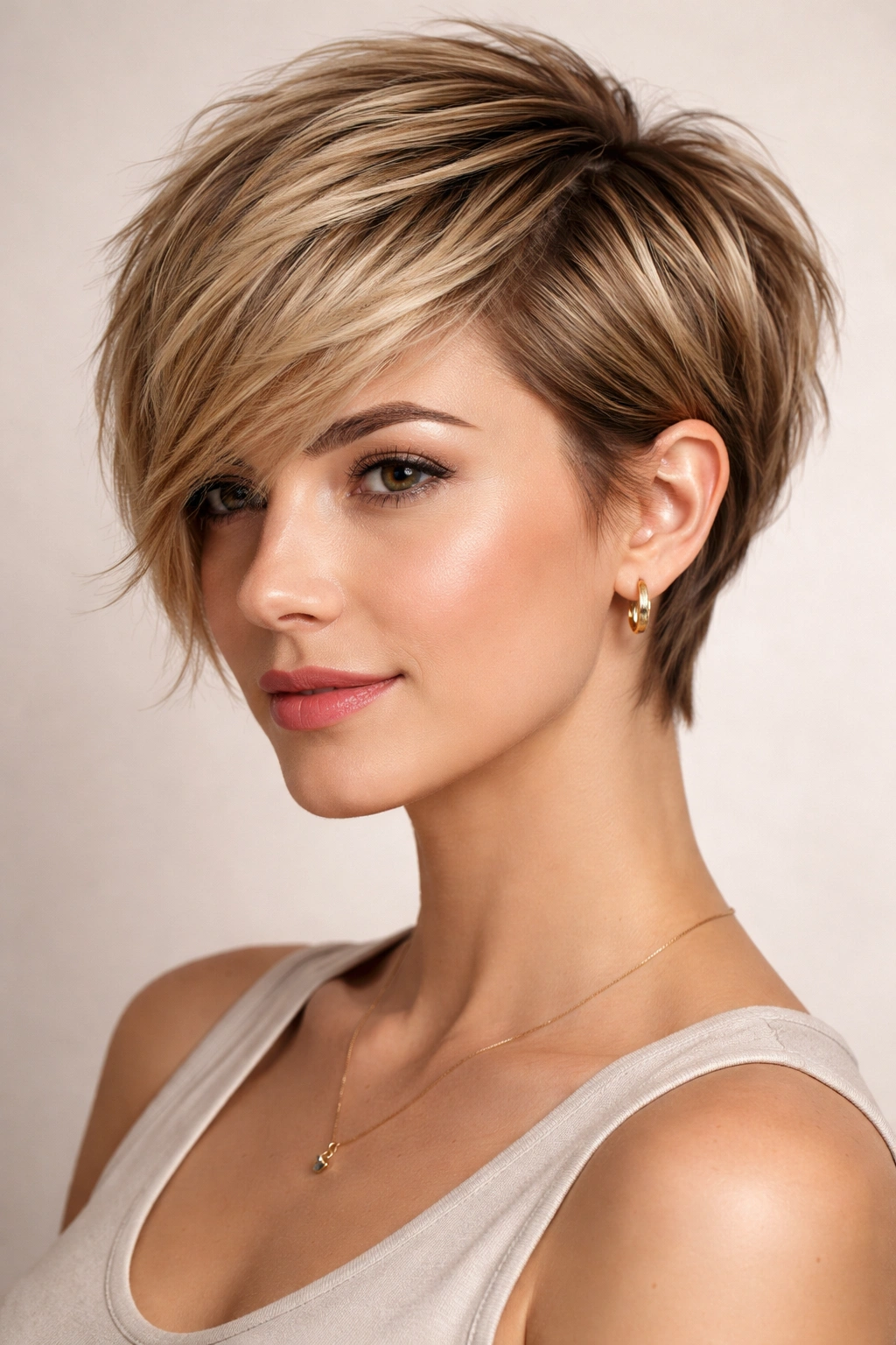 Textured pixie with side-swept bangs and feathered ends