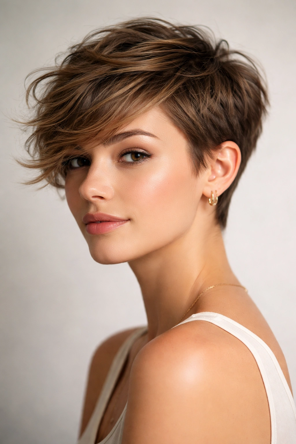 Textured pixie with side-swept top on model's head