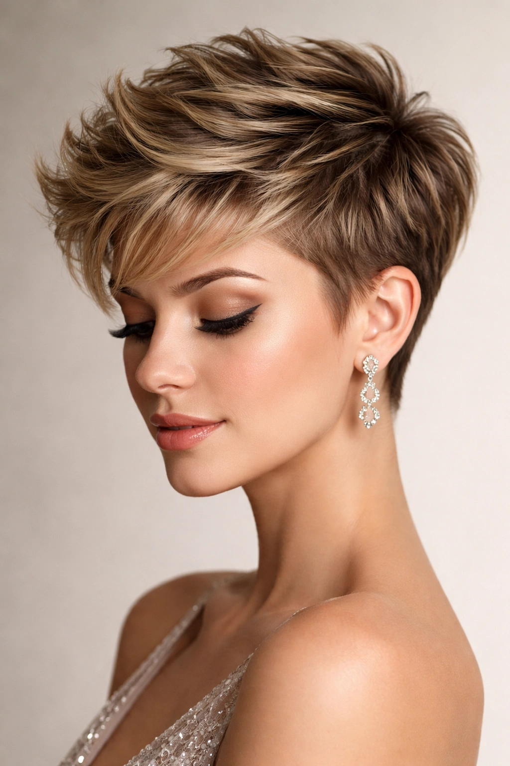 Close-up of a textured pixie cut styled upward with shine